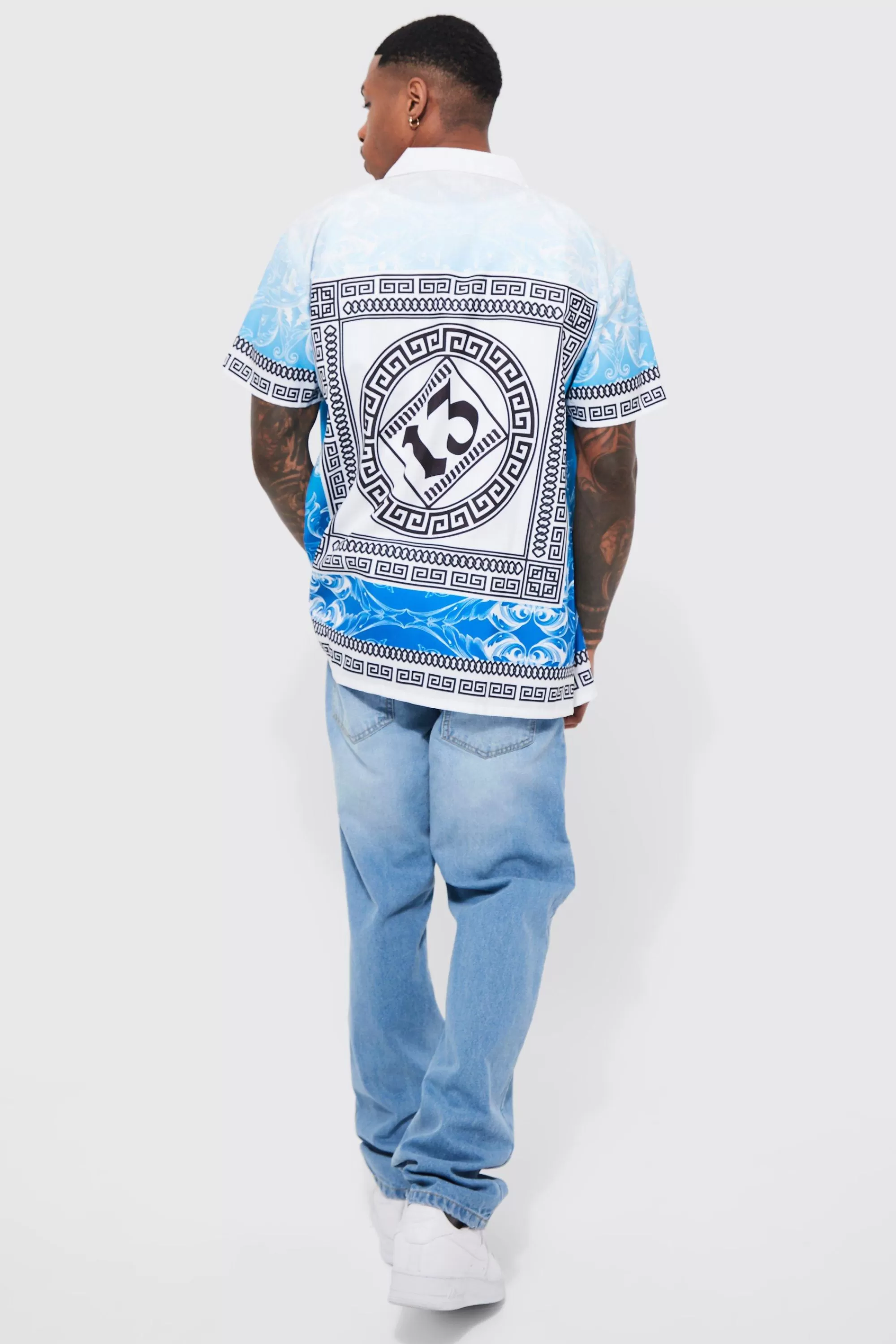 boohooMAN Oversized Slub Baroque Border Printed Shirt | UK