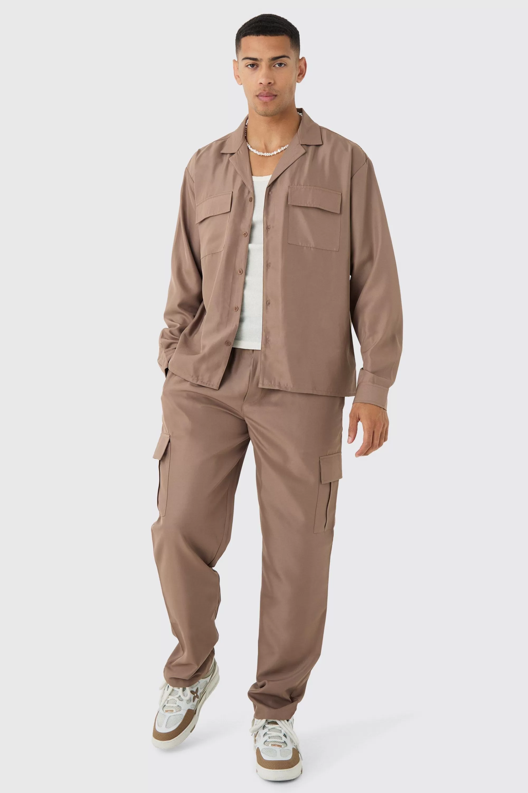 boohooMAN Oversized Soft Twill Cargo Shirt & Trouser Set | UK