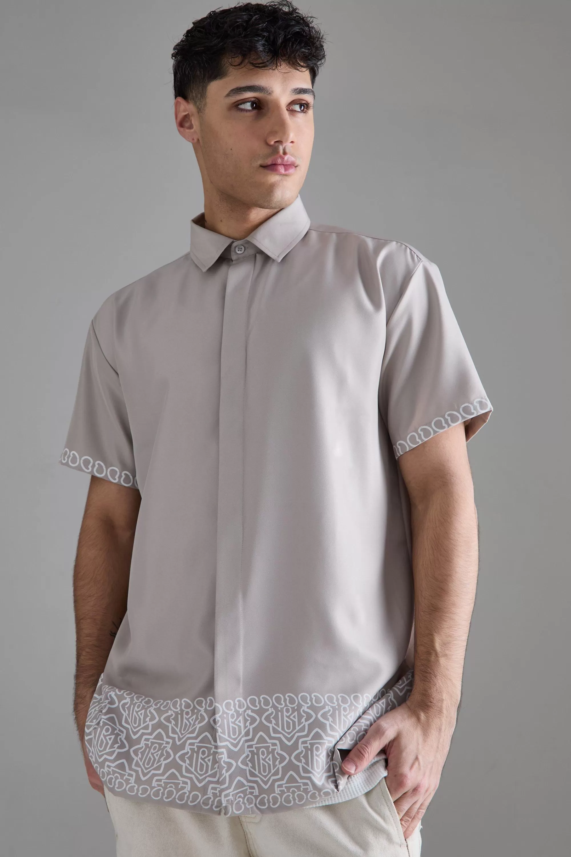 boohooMAN Oversized Soft Twill Printed Hem Shirt | UK