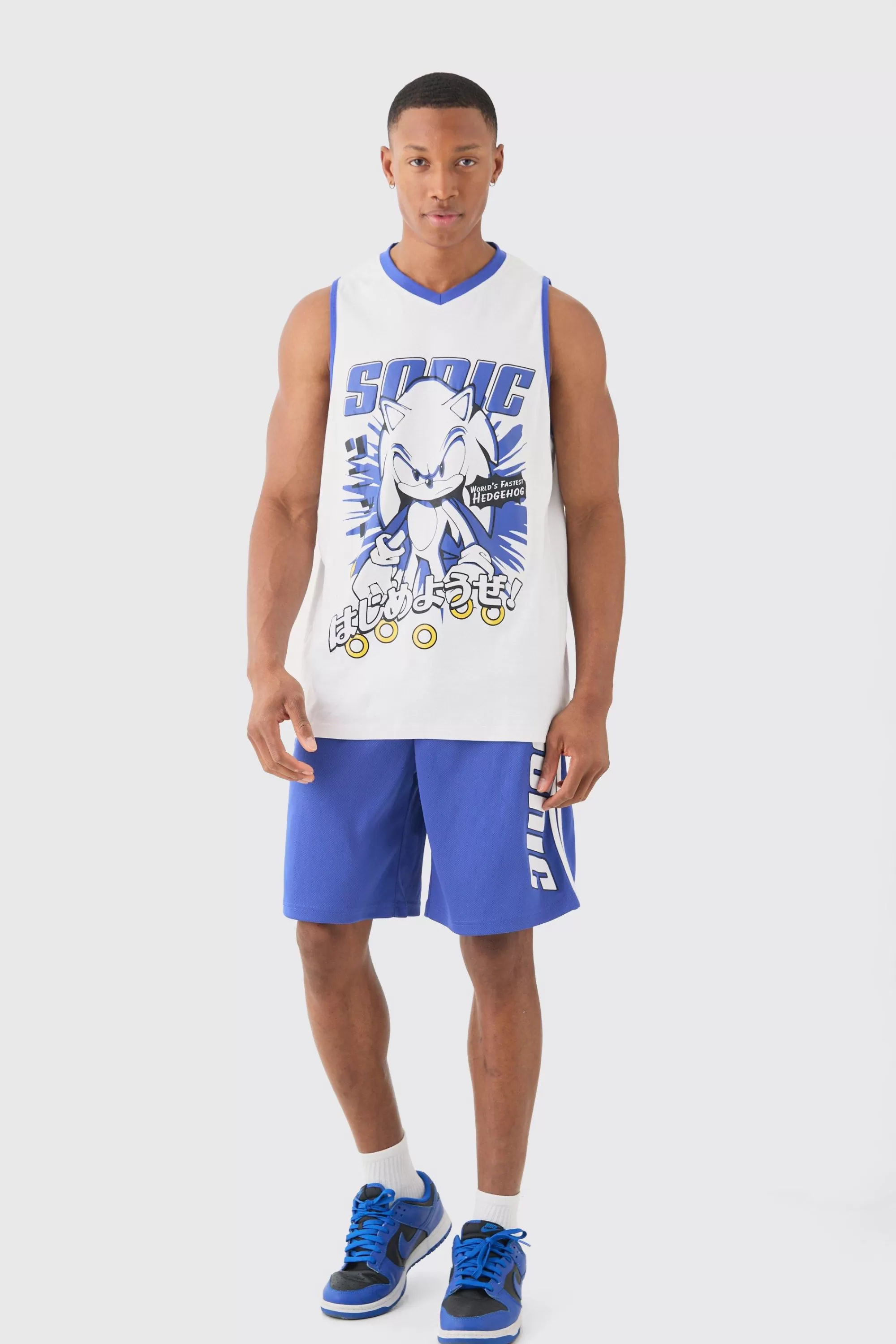 boohooMAN Oversized Sonic The Hedgehog License Mesh Vest And Short Set | UK