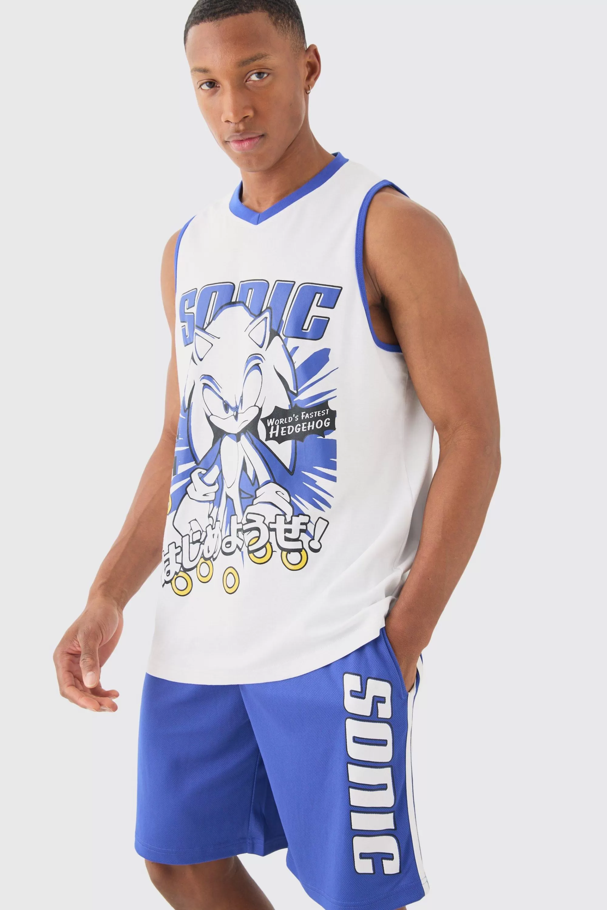 boohooMAN Oversized Sonic The Hedgehog License Mesh Vest And Short Set | UK
