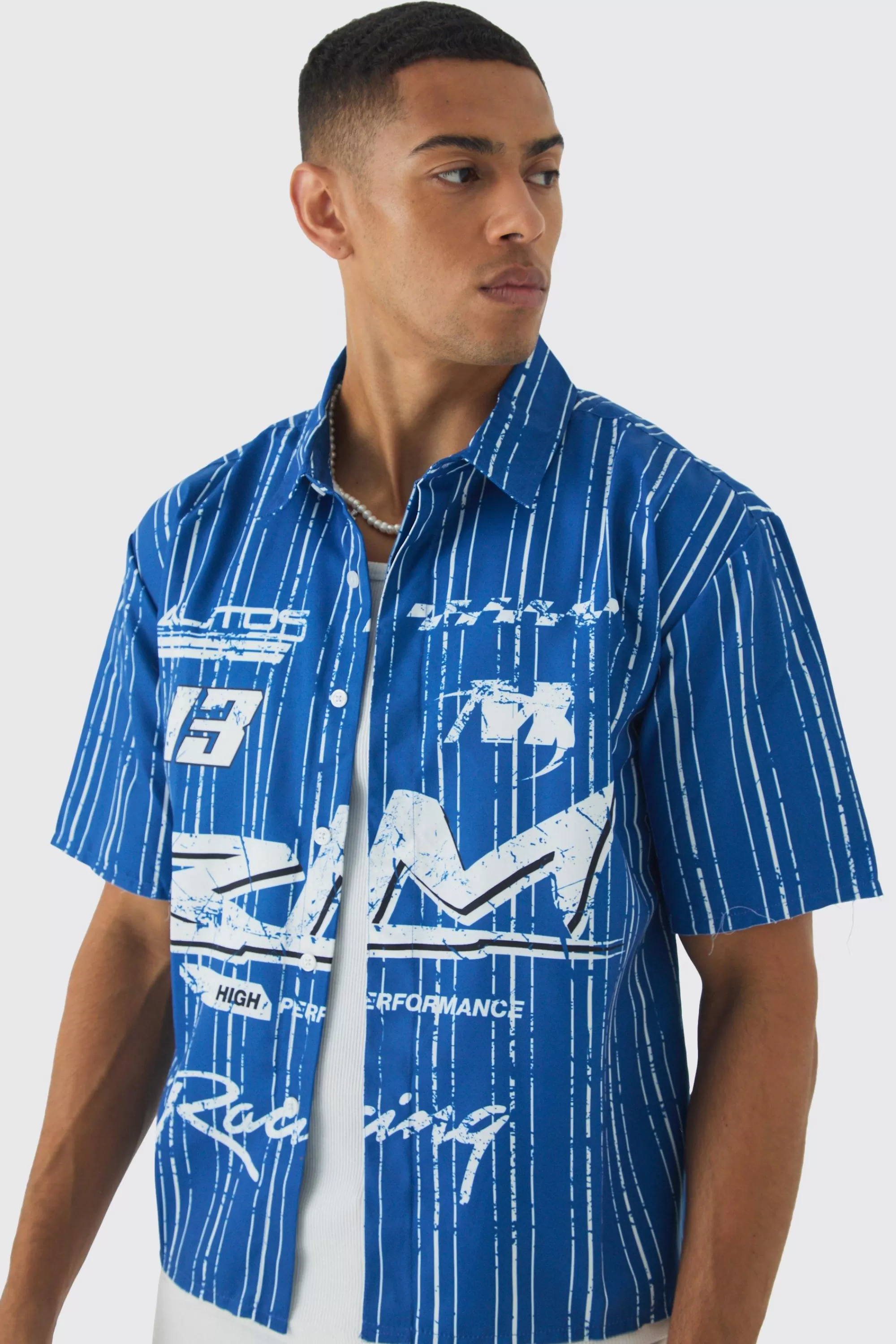 boohooMAN Oversized Stripe Front Graphic Boxy Shirt | UK