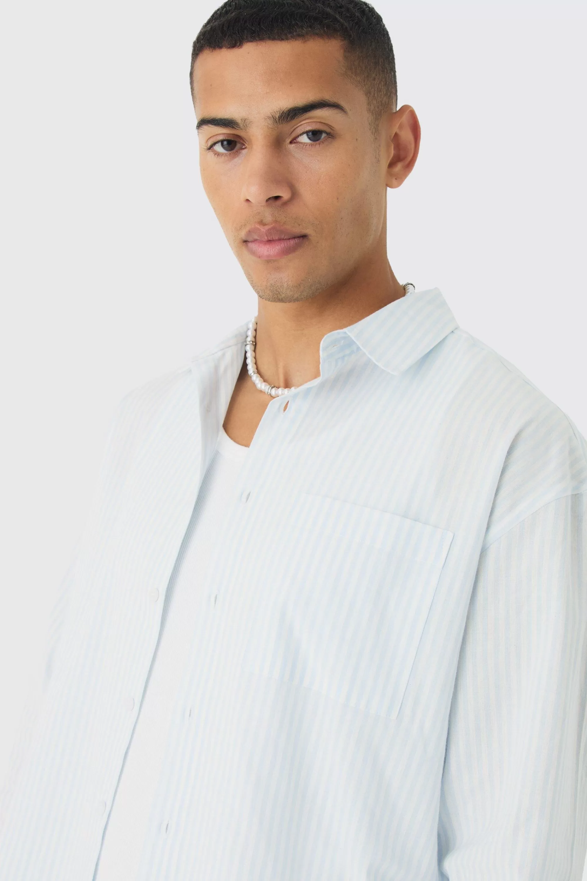 boohooMAN Oversized Textured Stripe Long Sleeve Boxy Shirt | UK