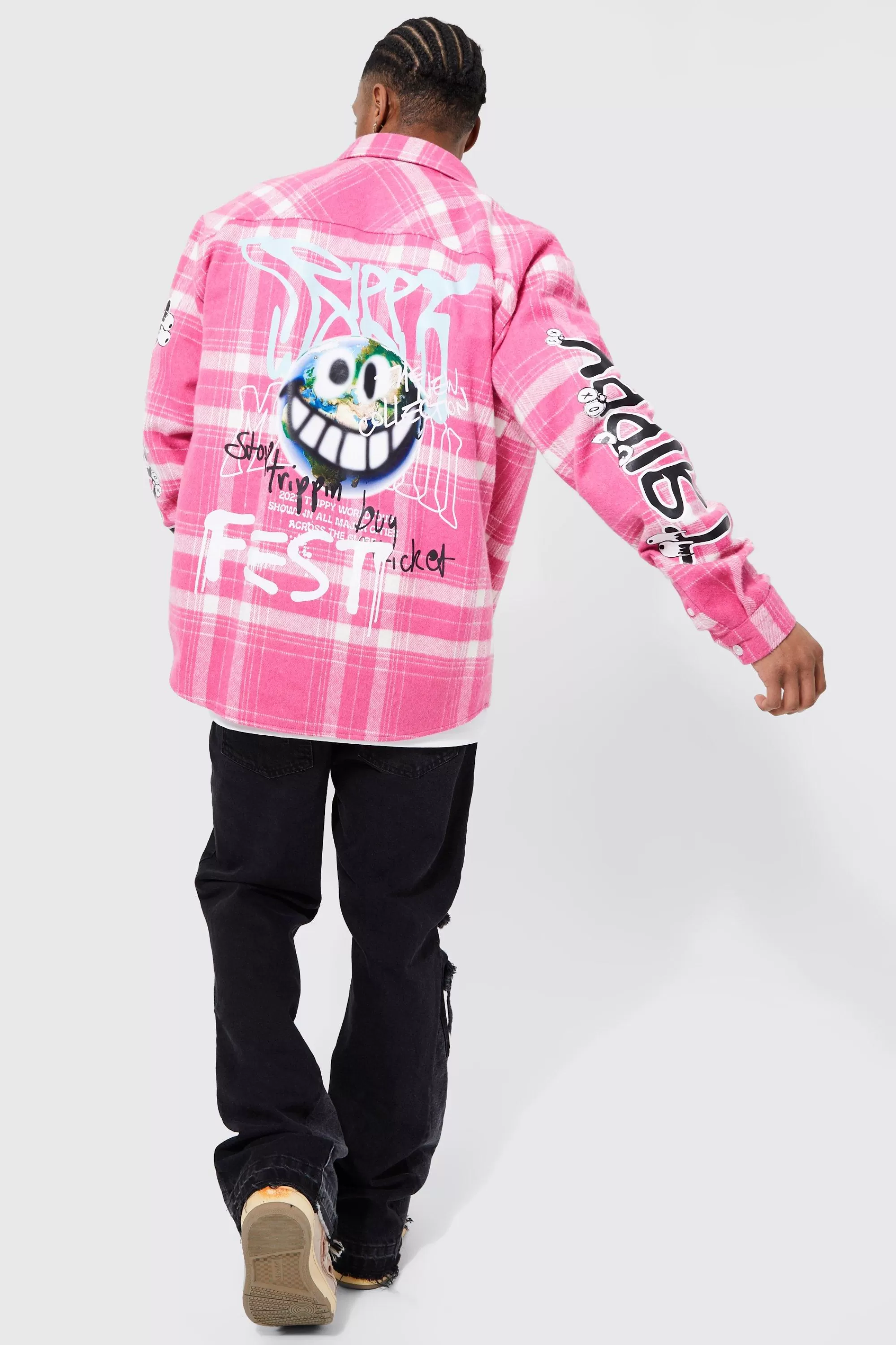 boohooMAN Oversized Trippy Printed Check Shirt | UK