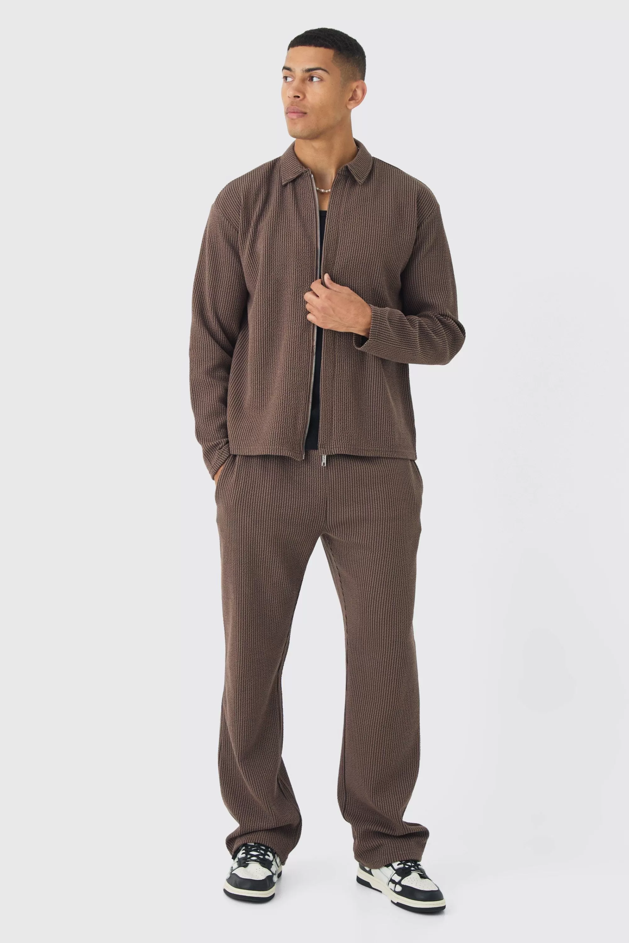 boohooMAN Oversized Two-tone Zip Ribbed Jersey Shirt & Straight Jogger Set | UK