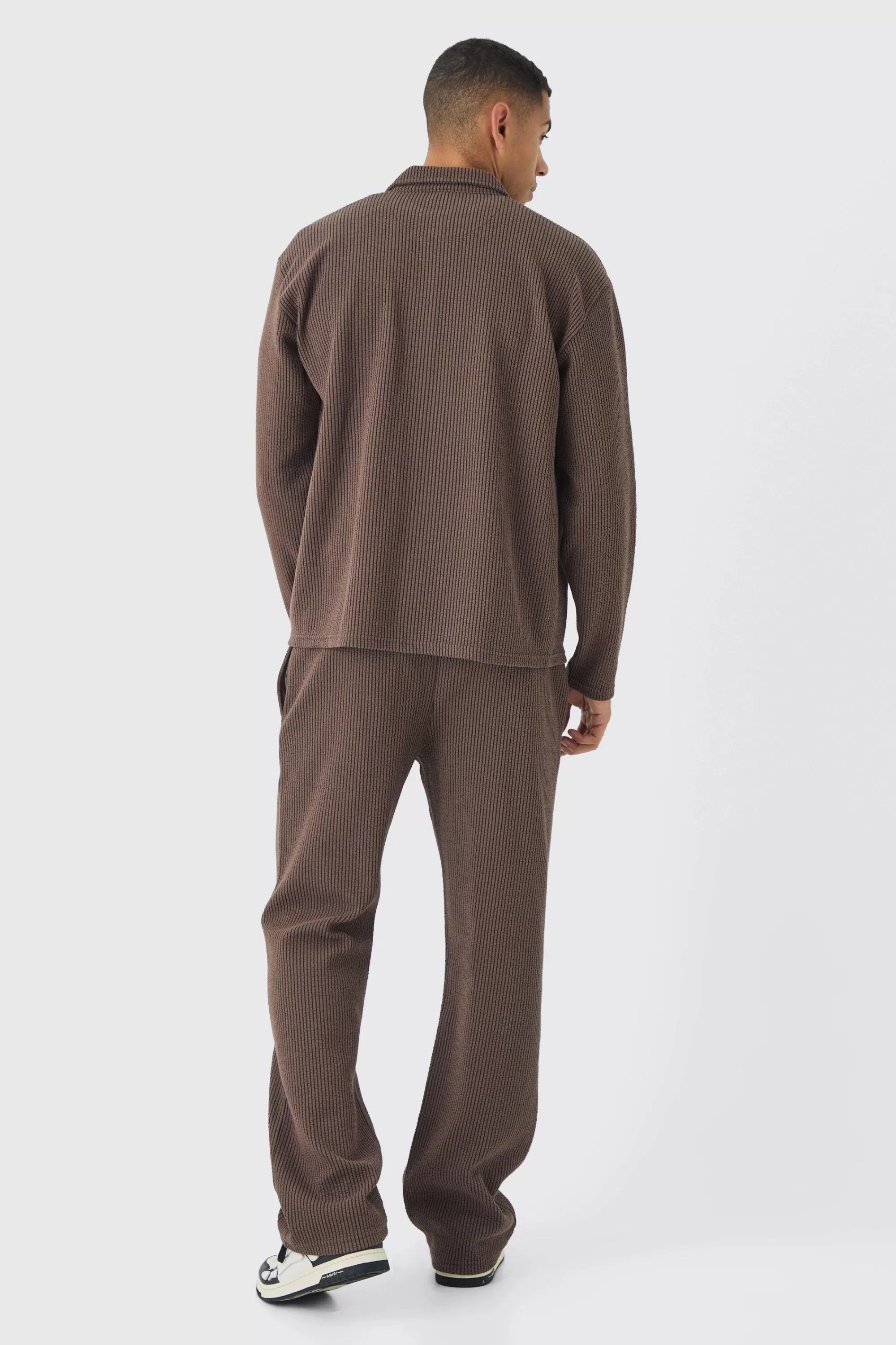 boohooMAN Oversized Two-tone Zip Ribbed Jersey Shirt & Straight Jogger Set | UK