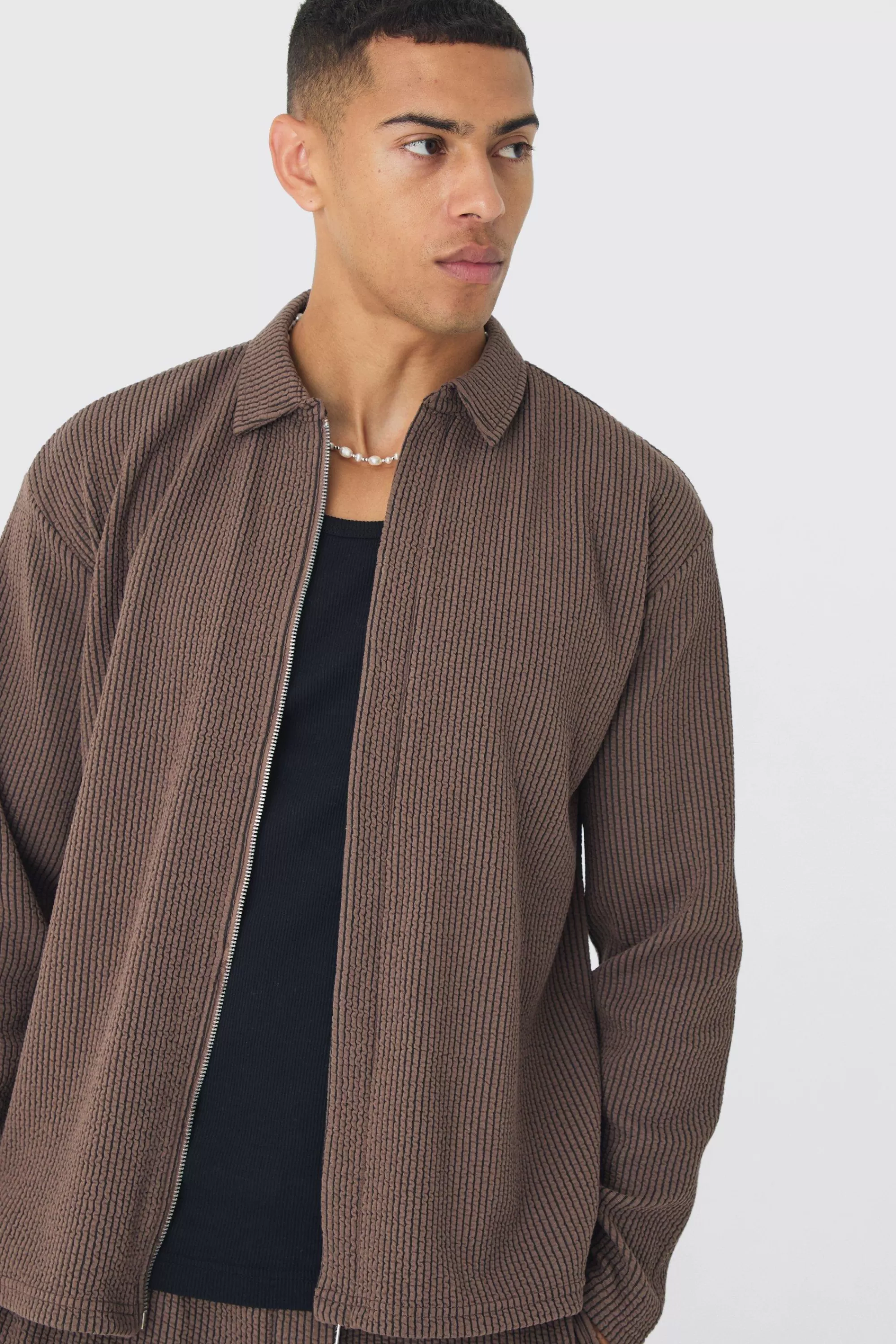 boohooMAN Oversized Two-tone Zip Ribbed Jersey Shirt & Straight Jogger Set | UK
