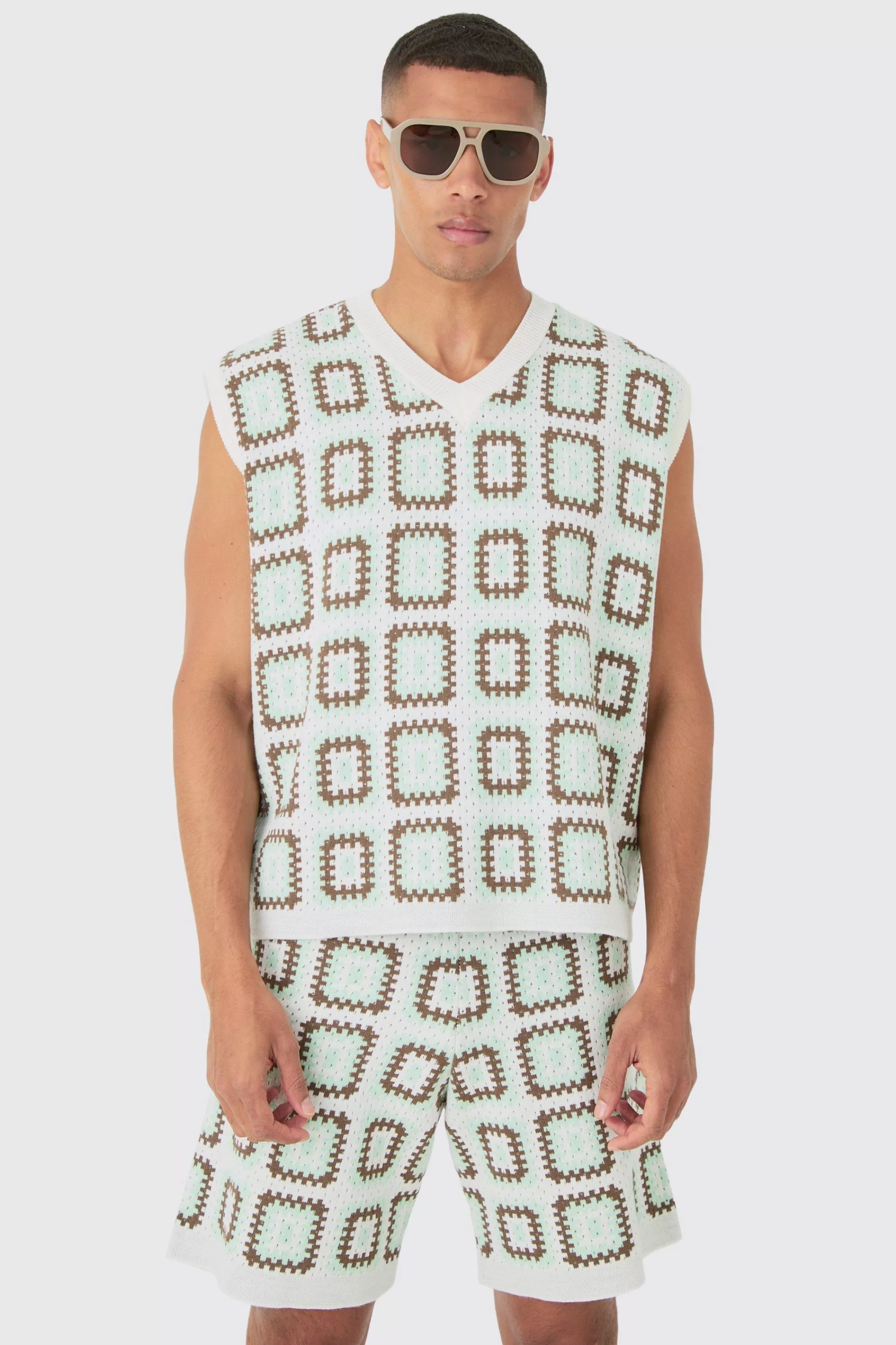 boohooMAN Oversized V Neck Crochet Knitted Tank | UK