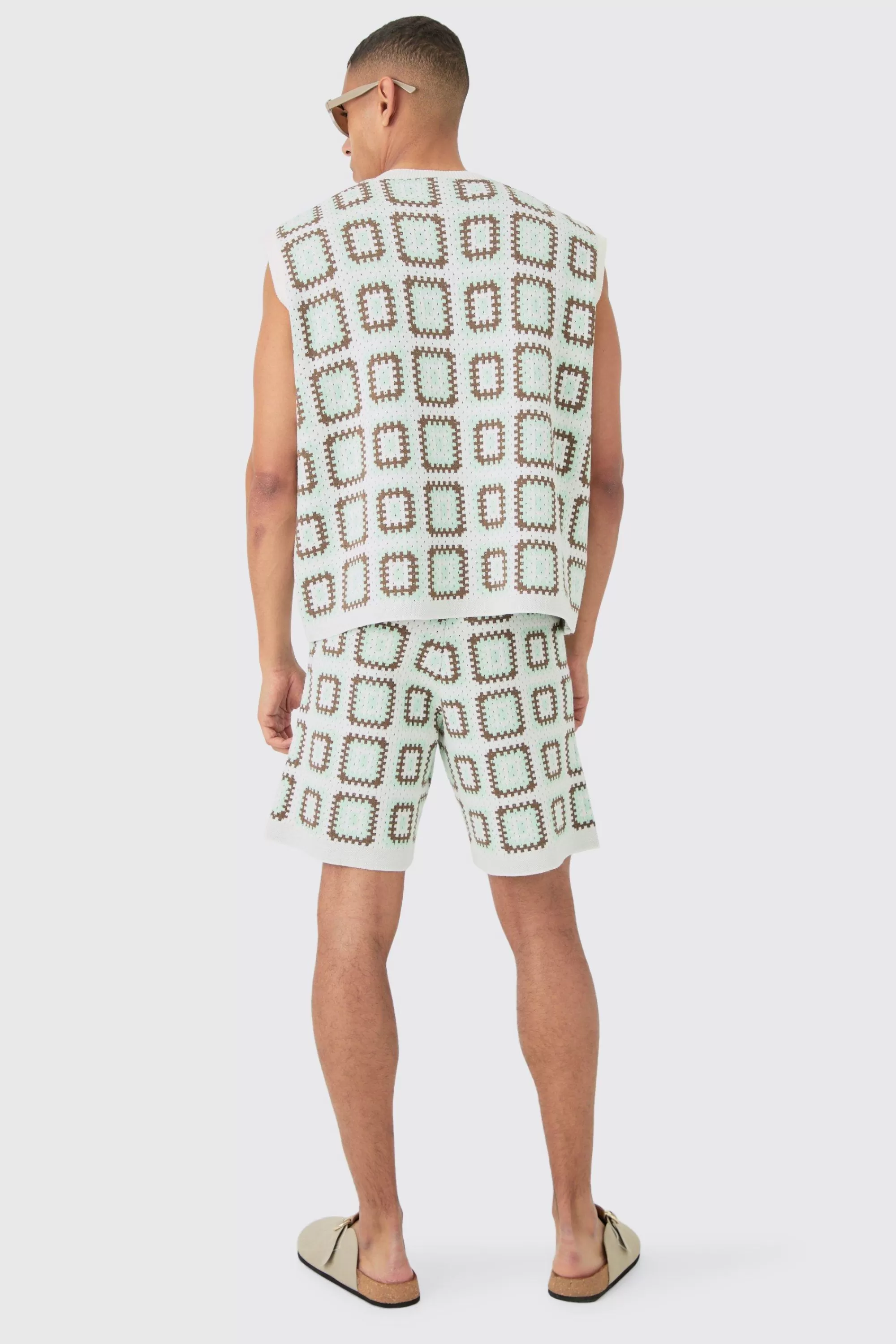 boohooMAN Oversized V Neck Crochet Knitted Tank | UK
