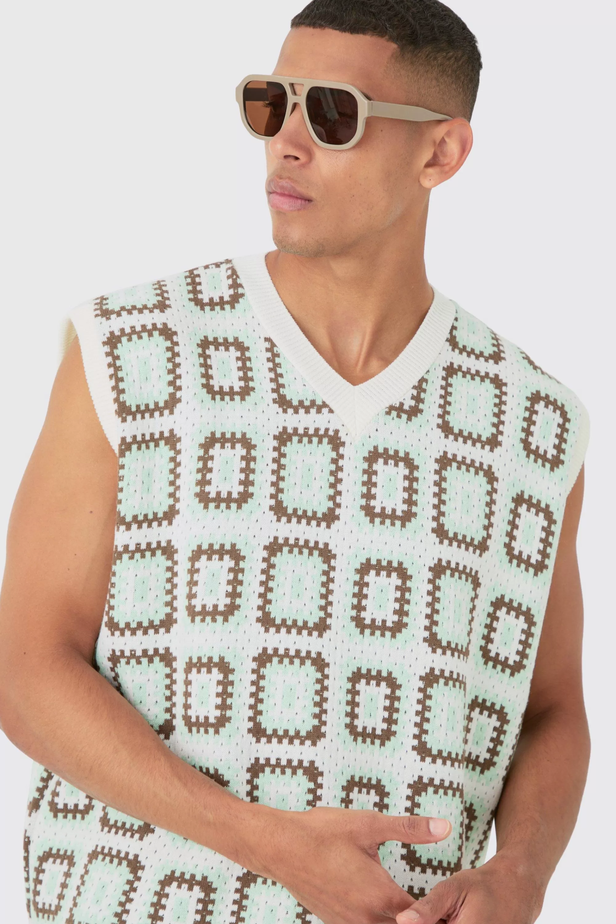 boohooMAN Oversized V Neck Crochet Knitted Tank | UK