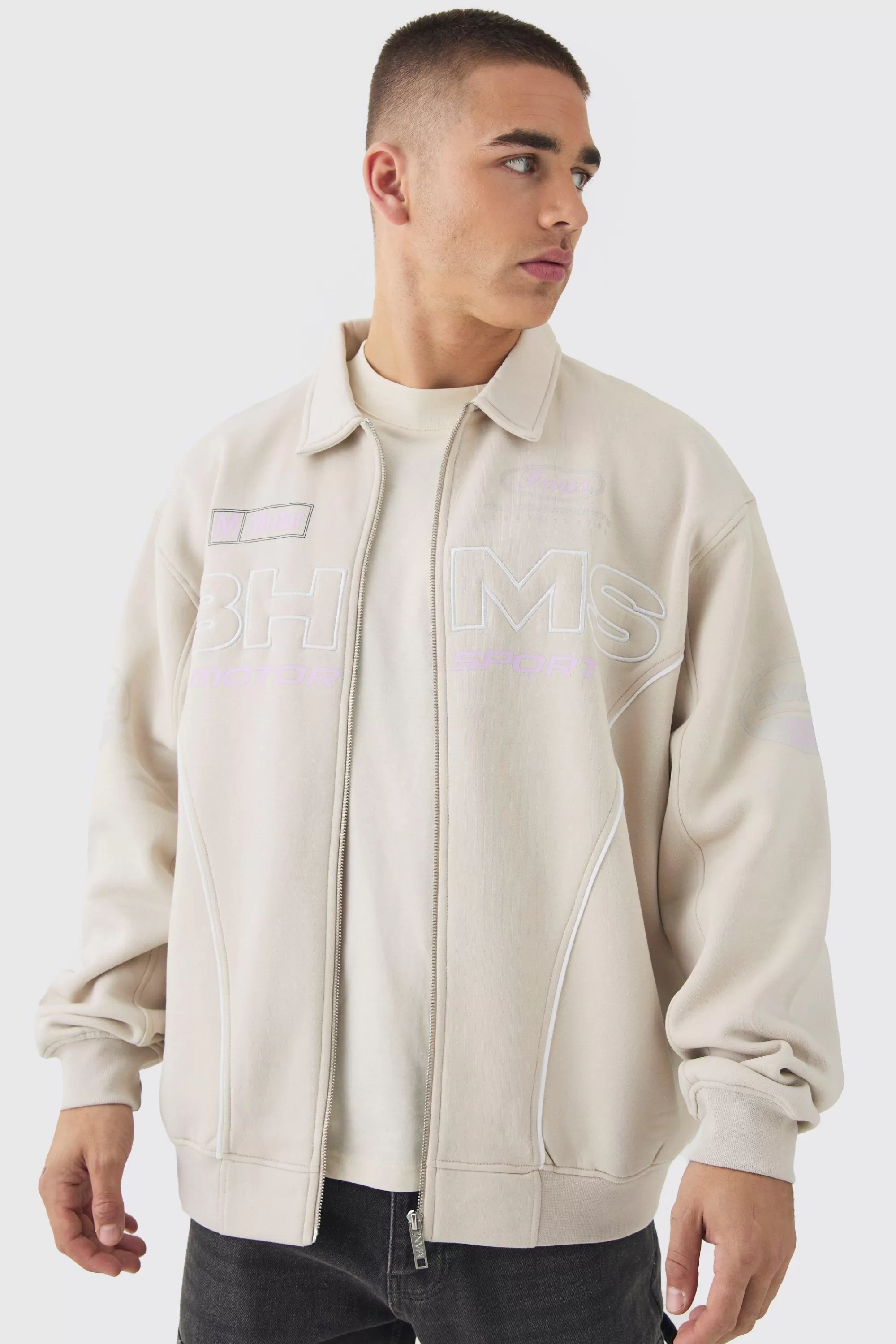 boohooMAN Oversized Varsity BHM Embroidered Jersey Bomber Jacket | UK