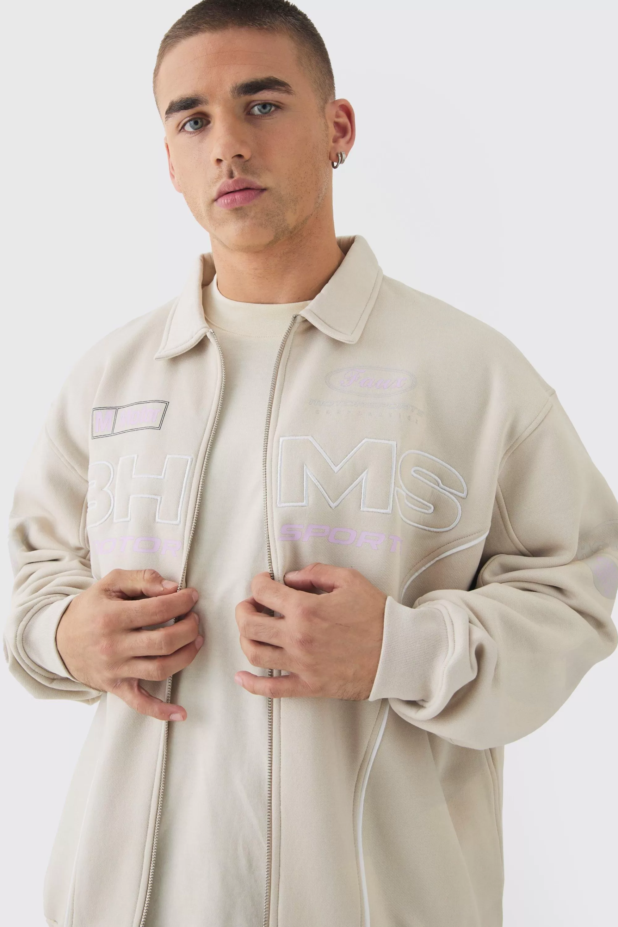 boohooMAN Oversized Varsity BHM Embroidered Jersey Bomber Jacket | UK