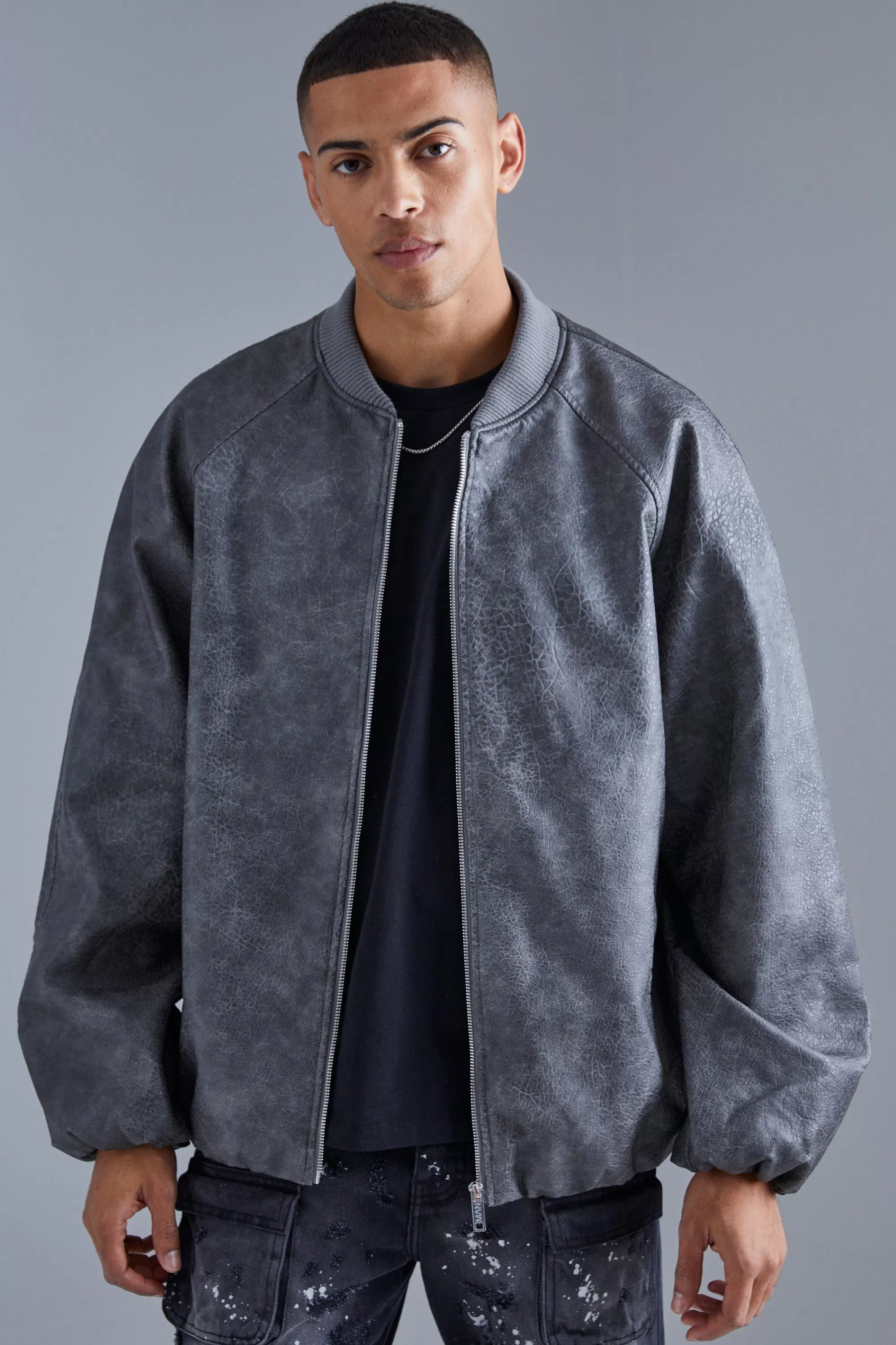 boohooMAN Oversized Vintage Cracked Pu Raglan Bomber | UK