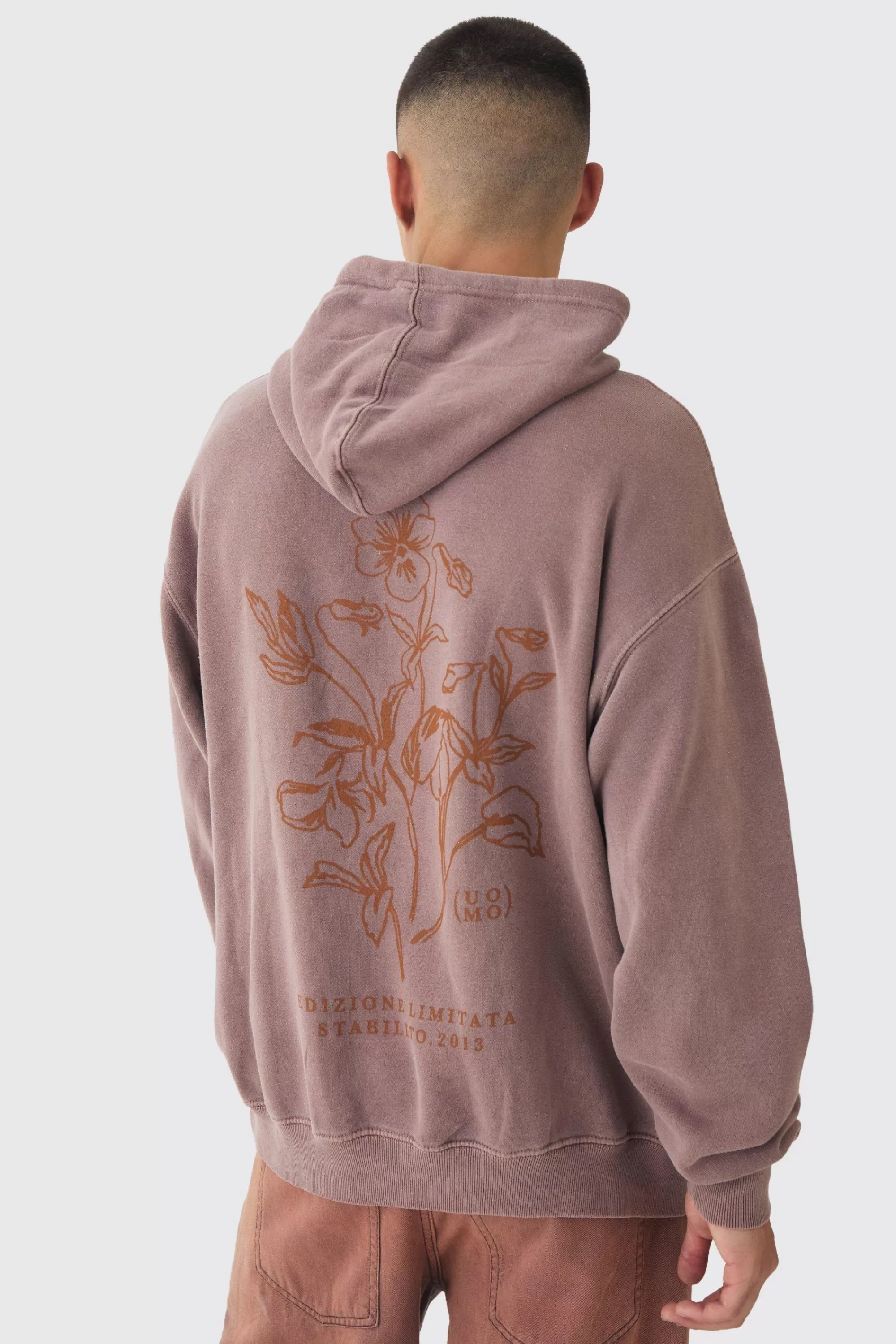 boohooMAN Oversized Washed Floral Line Drawing Printed Hoodie | UK