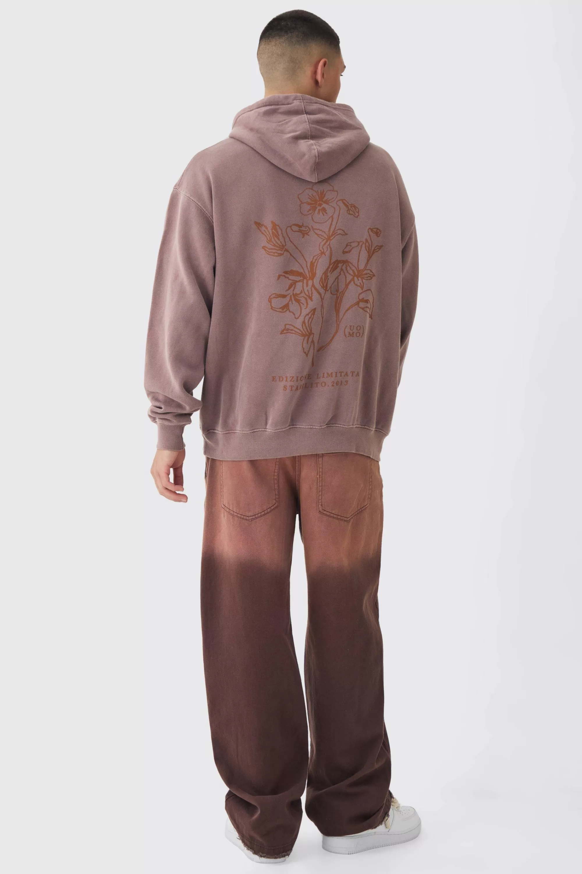 boohooMAN Oversized Washed Floral Line Drawing Printed Hoodie | UK