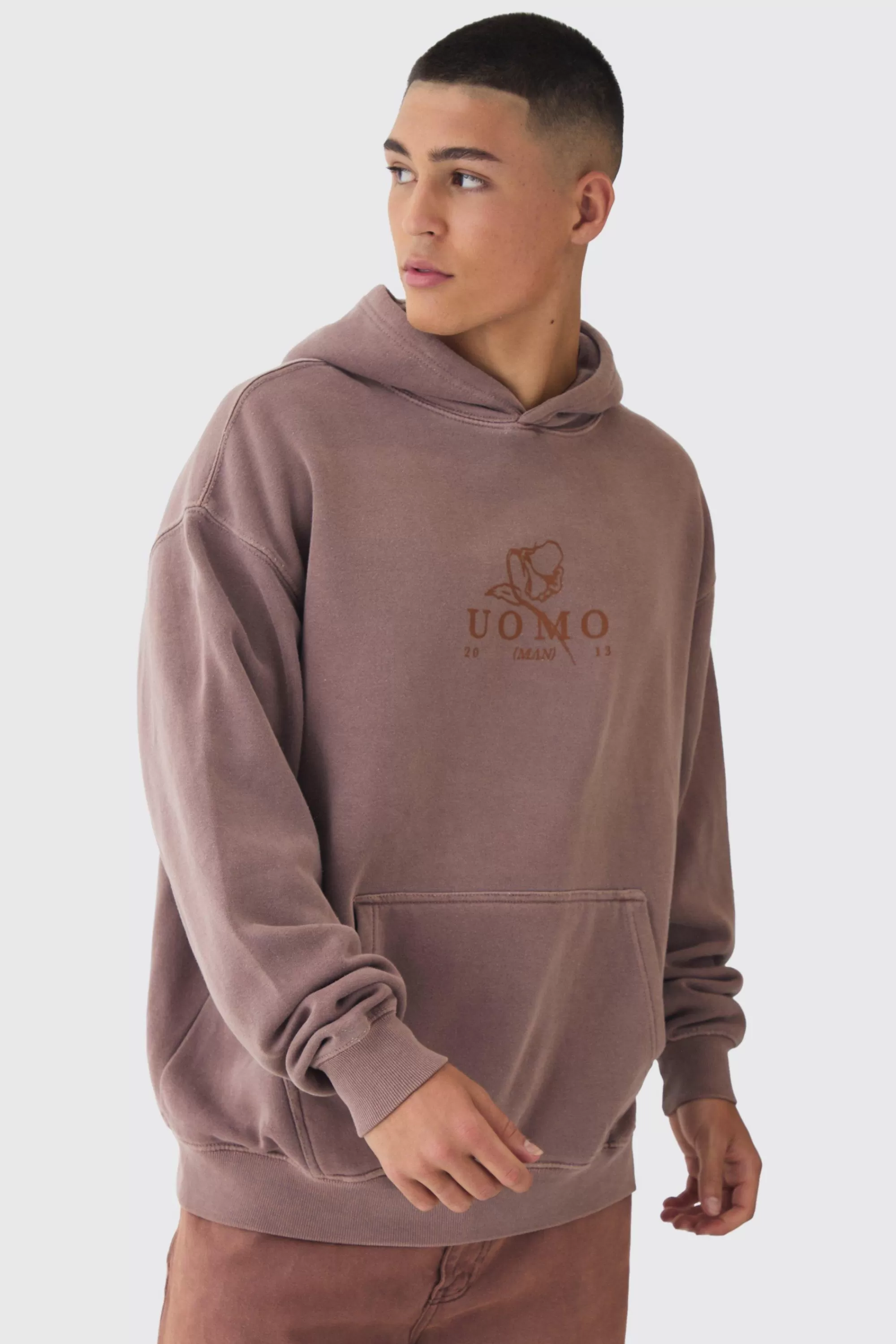 boohooMAN Oversized Washed Floral Line Drawing Printed Hoodie | UK
