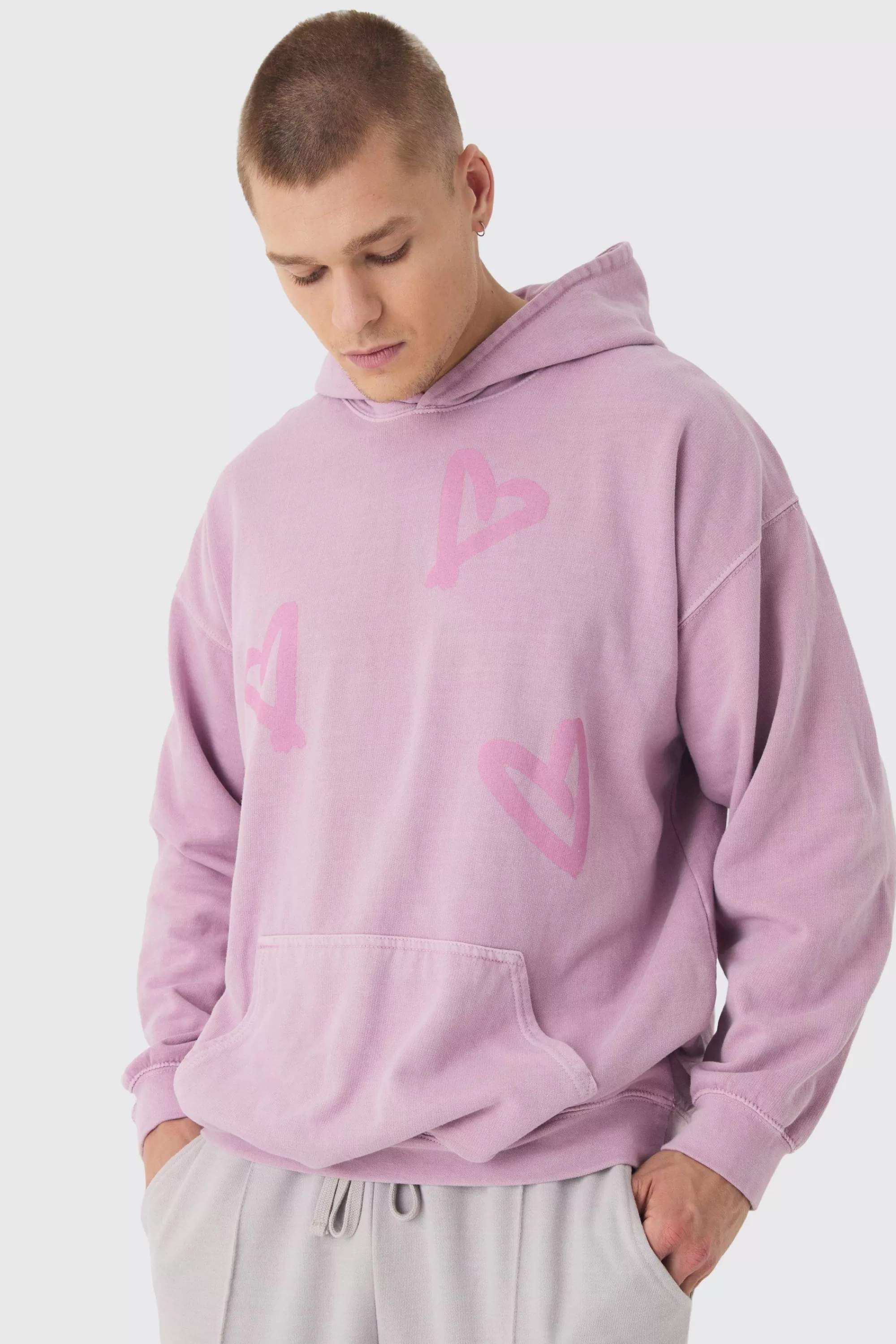 boohooMAN Oversized Washed Graffiti Heart Hoodie | UK