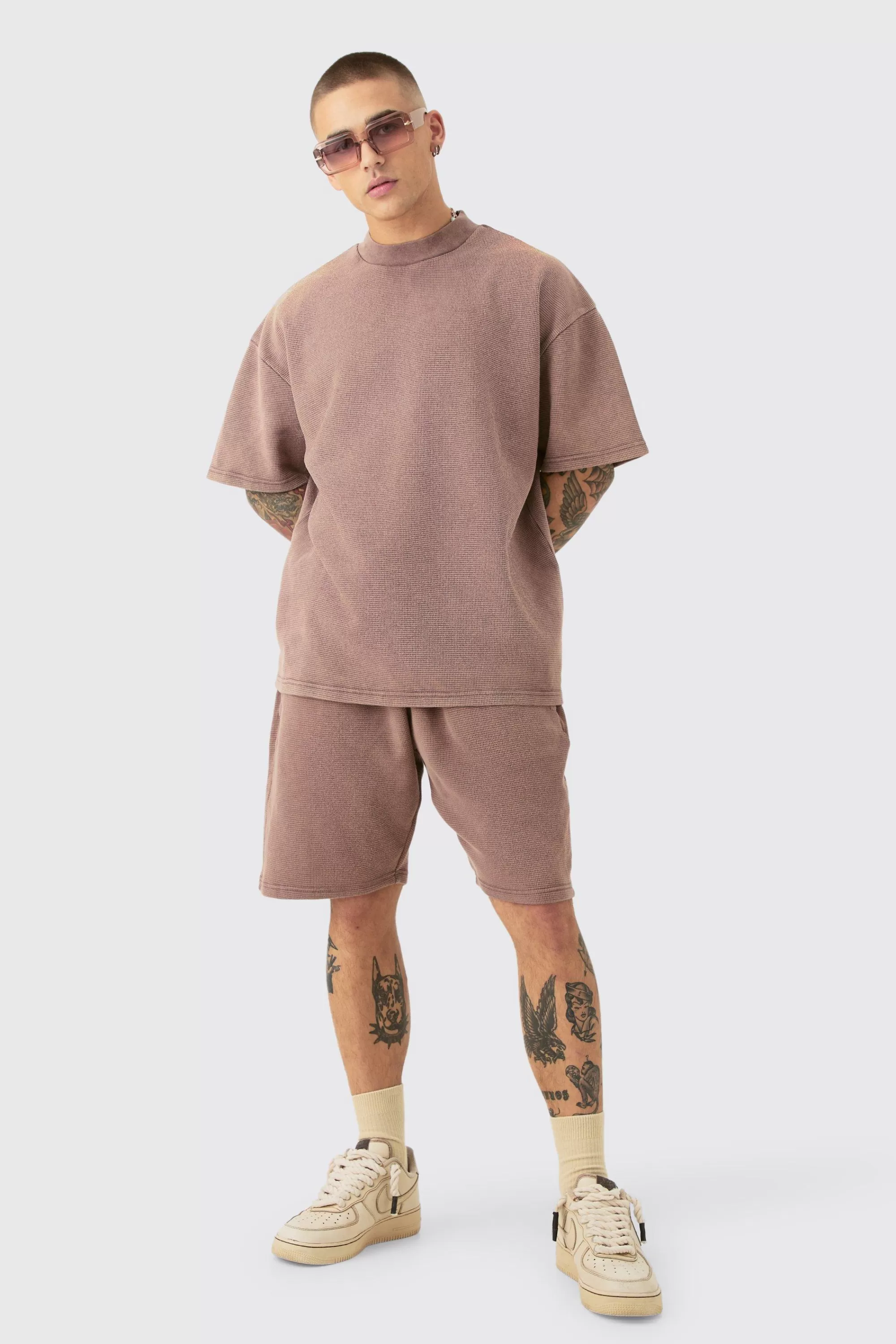 boohooMAN Oversized Washed Heavyweight Waffle T-shirt & Shorts Set | UK