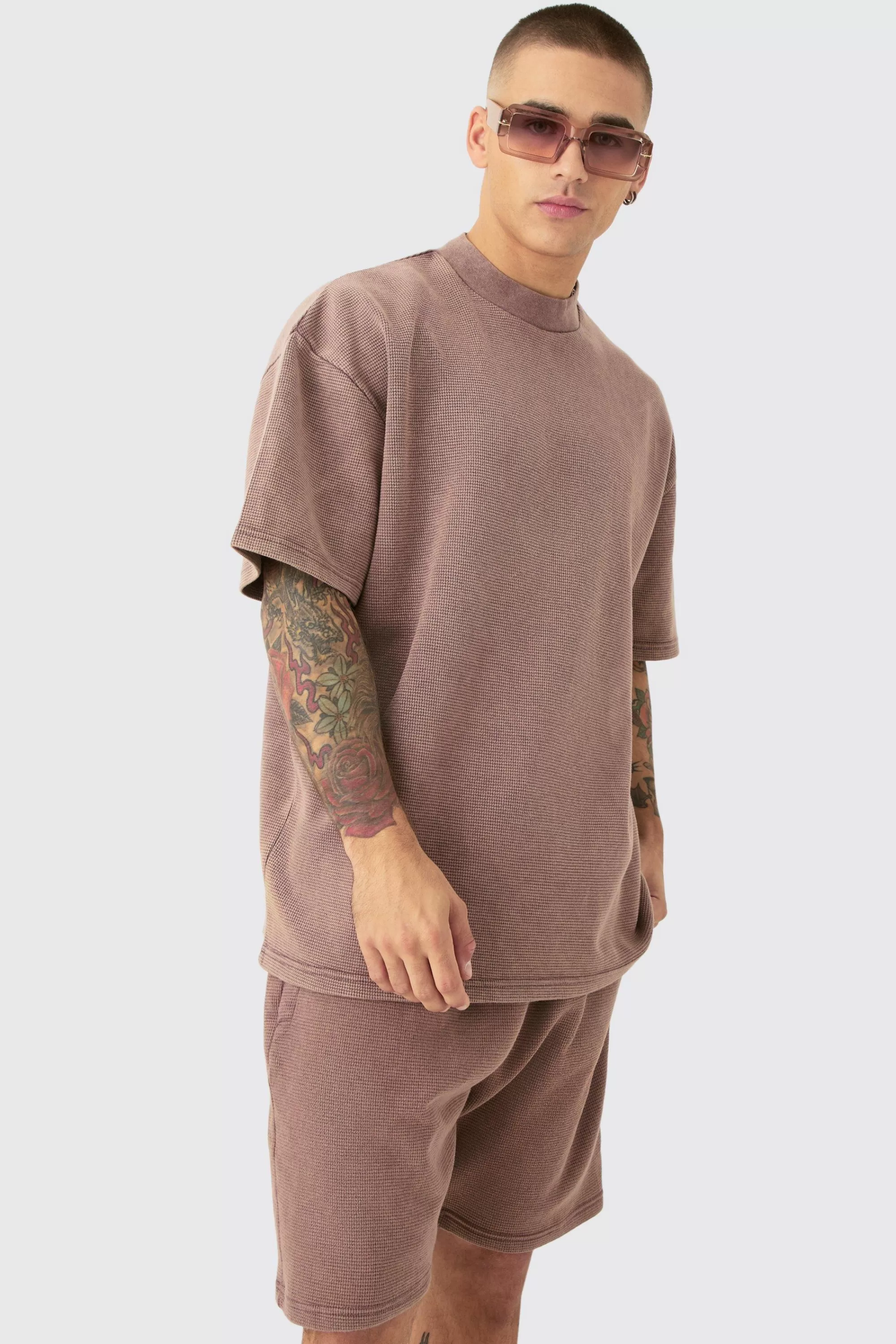 boohooMAN Oversized Washed Heavyweight Waffle T-shirt & Shorts Set | UK