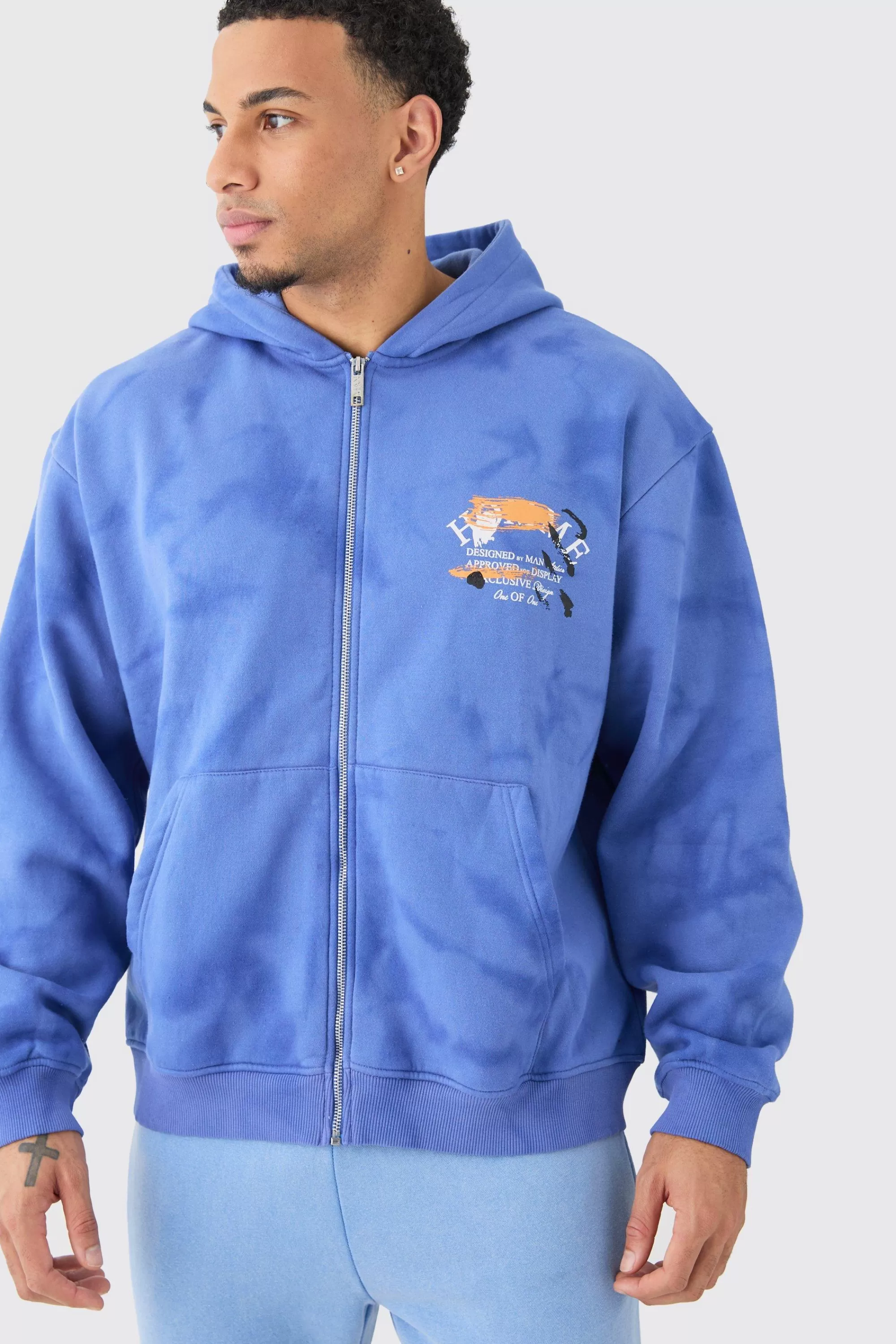boohooMAN Oversized Washed Homme Paint Splatter Zip Through Hoodie | UK