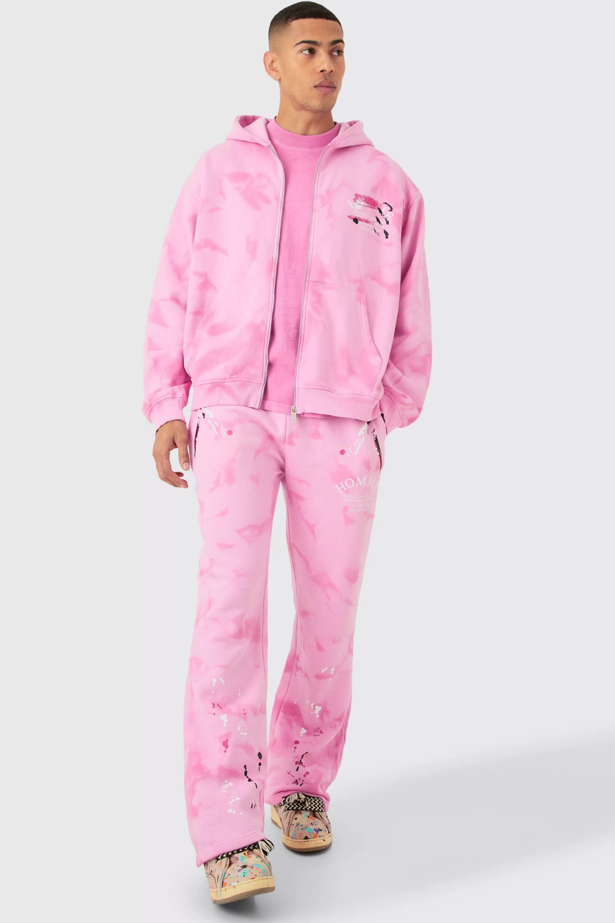 boohooMAN Oversized Washed Homme Paint Splatter Zip Through Tracksuit | UK