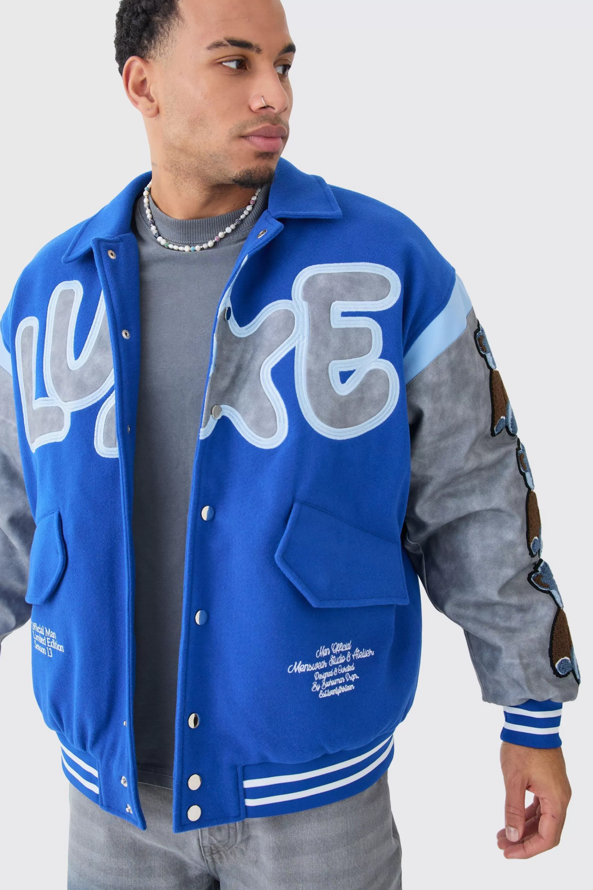 boohooMAN Oversized Washed Sleeve Teddy Varsity Jacket | UK