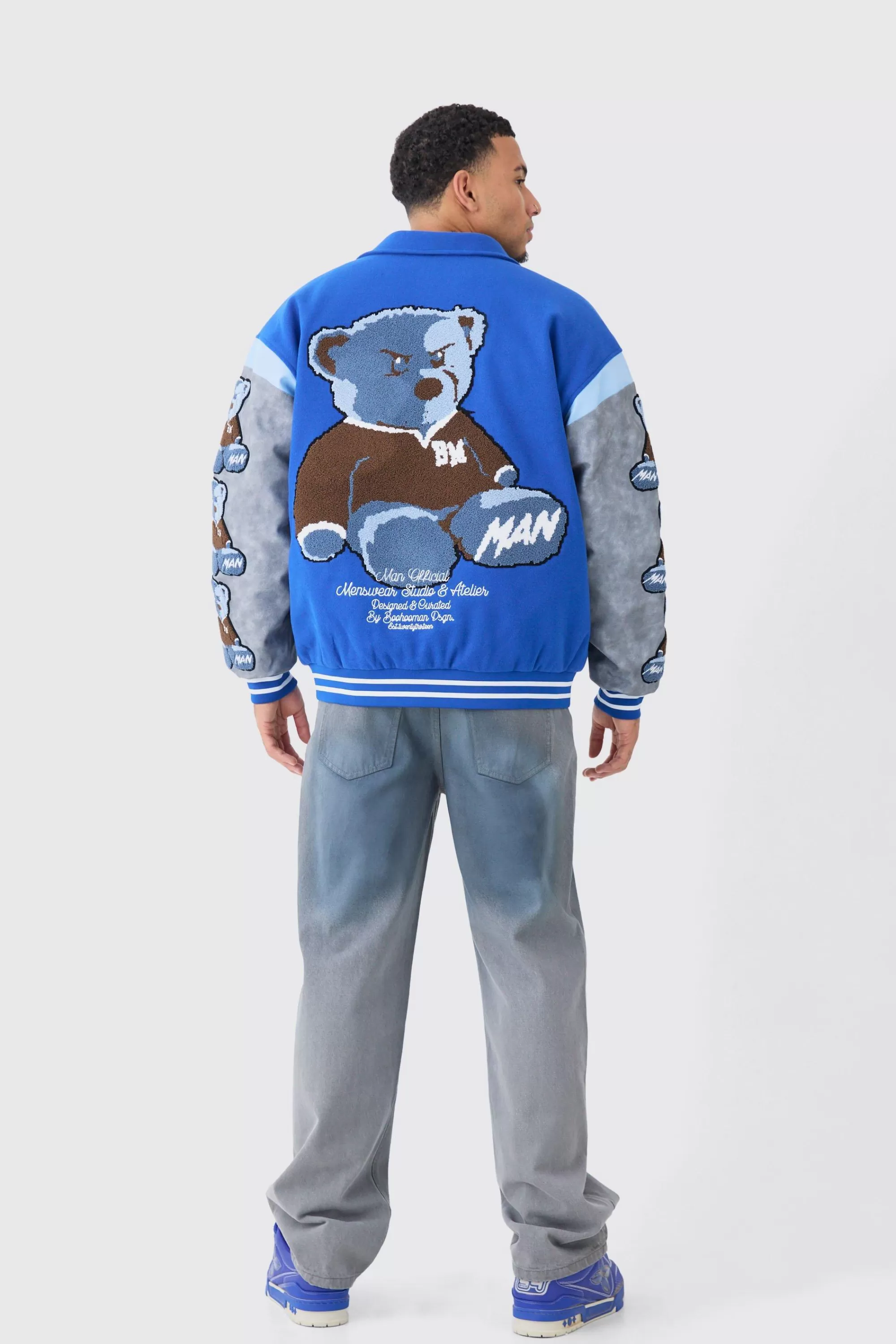 boohooMAN Oversized Washed Sleeve Teddy Varsity Jacket | UK