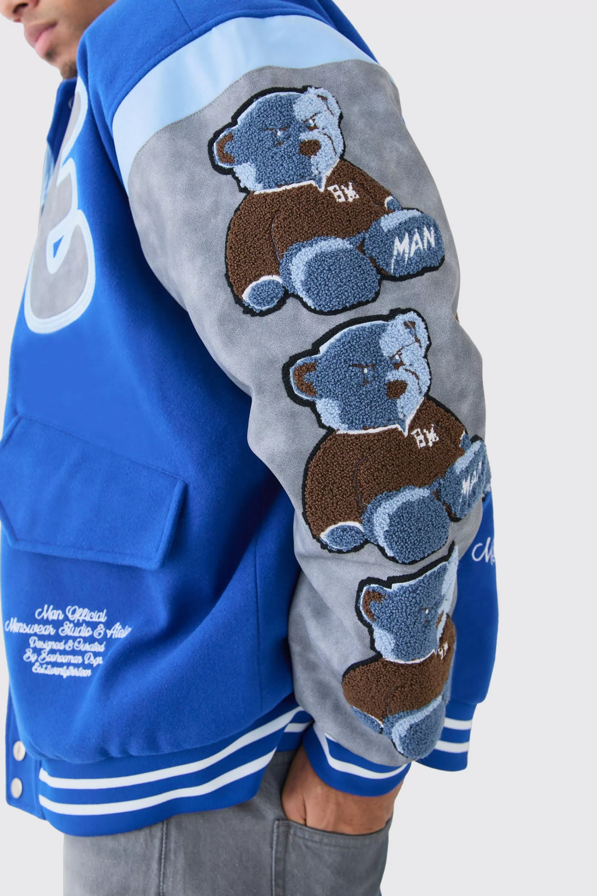 boohooMAN Oversized Washed Sleeve Teddy Varsity Jacket | UK