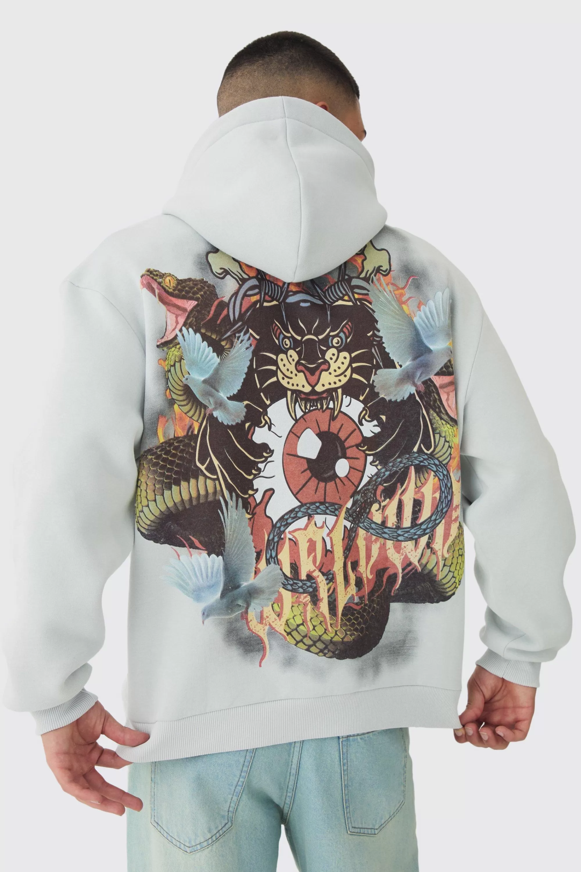 boohooMAN Oversized Worldwide Tattoo Back Graphic Hoodie | UK