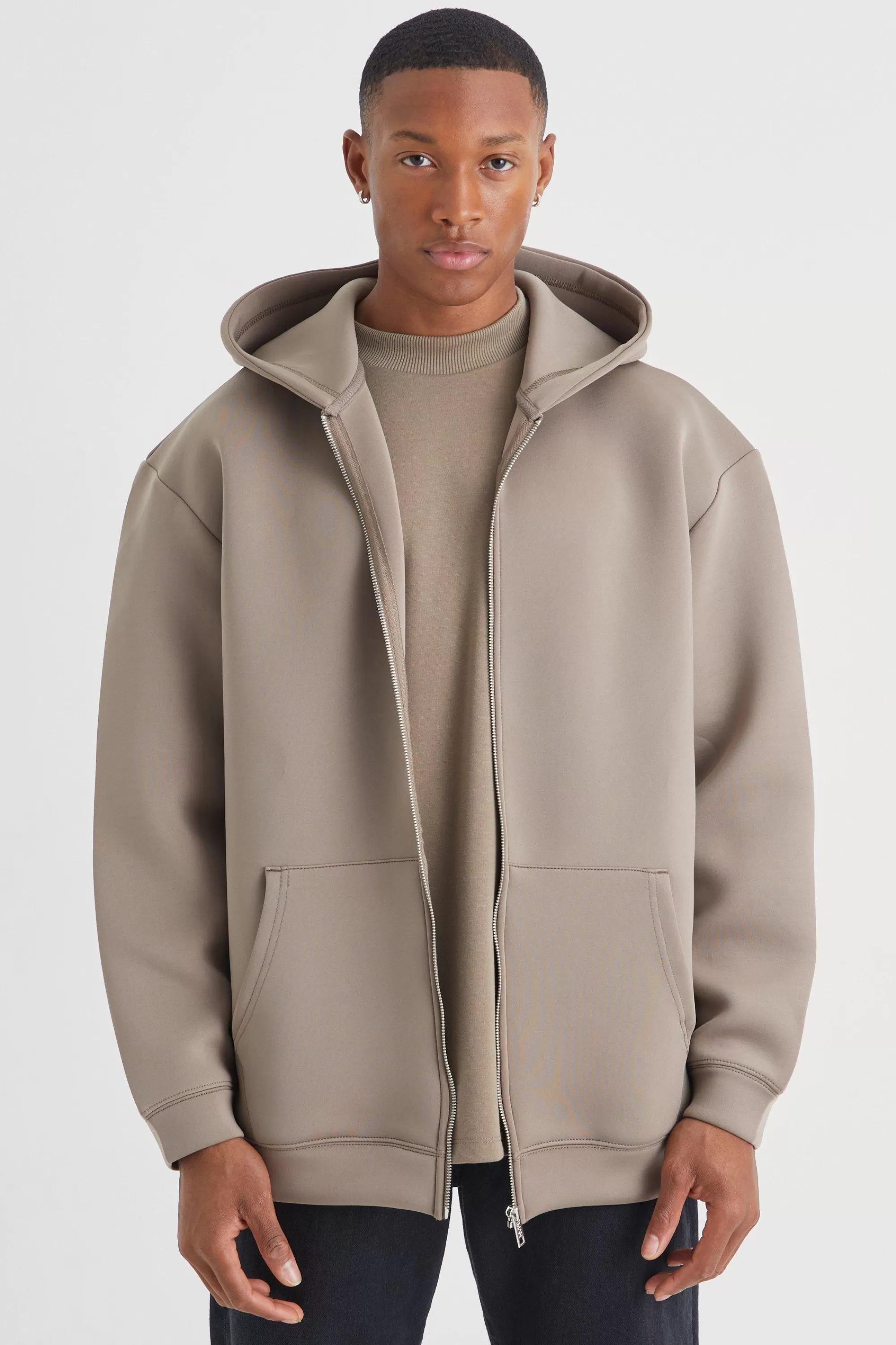 boohooMAN Oversized Zip Through Bonded Scuba Hoodie | UK