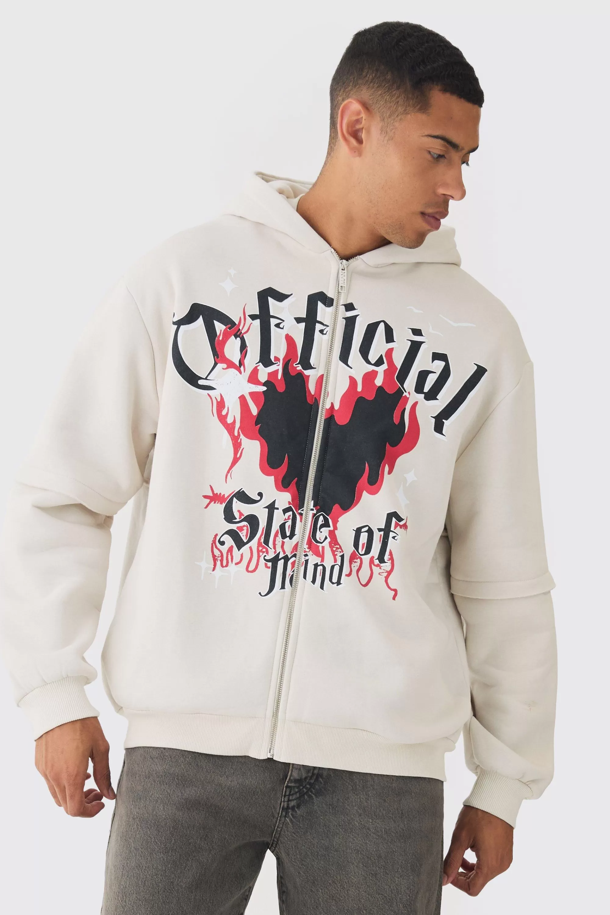 boohooMAN Oversized Zip Through OFFCL Heart Raw Edge Print Hoodie | UK