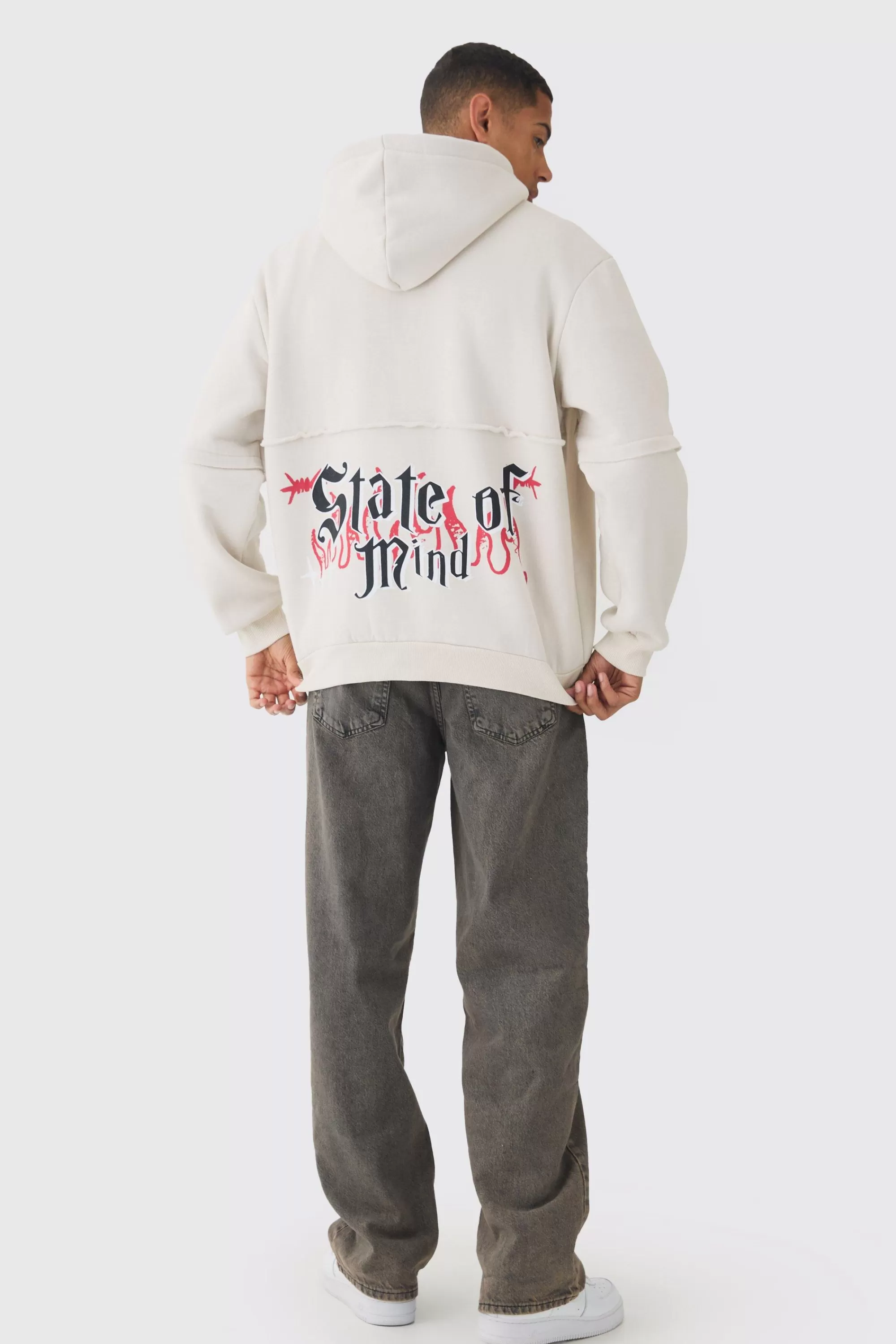 boohooMAN Oversized Zip Through OFFCL Heart Raw Edge Print Hoodie | UK