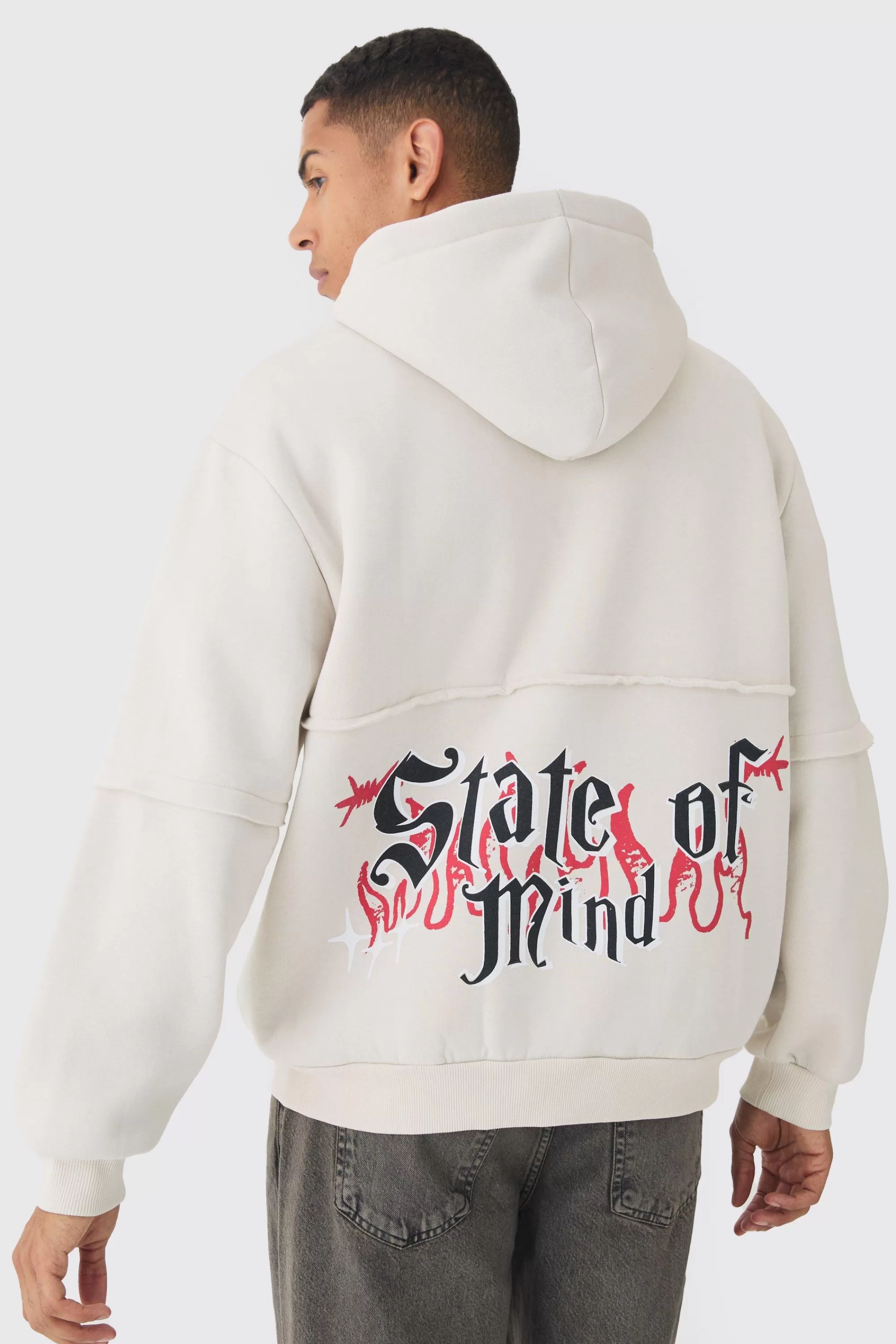 boohooMAN Oversized Zip Through OFFCL Heart Raw Edge Print Hoodie | UK