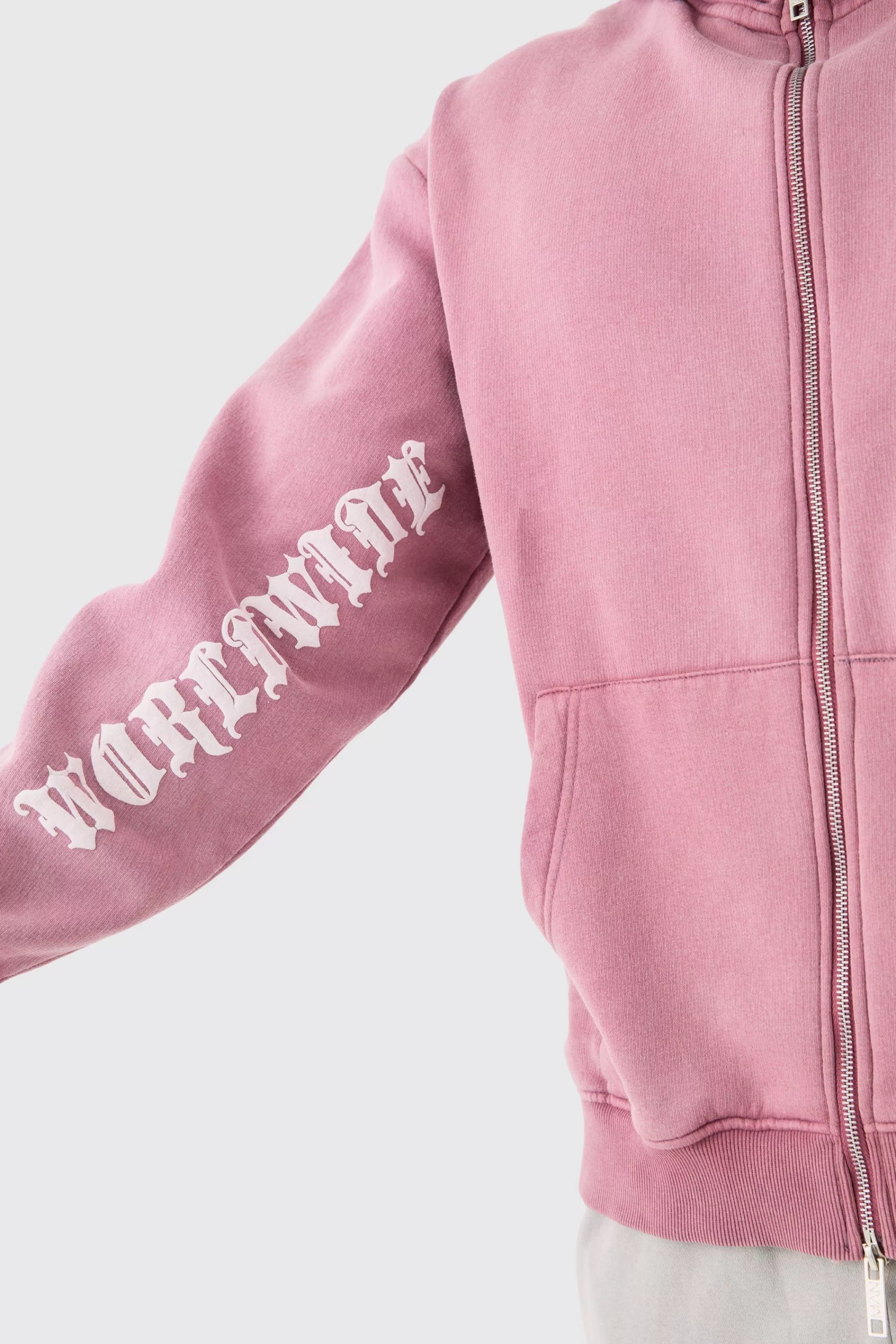 boohooMAN Oversized Zip Thru Funnel Neck Acid Wash Applique Hoodie | UK