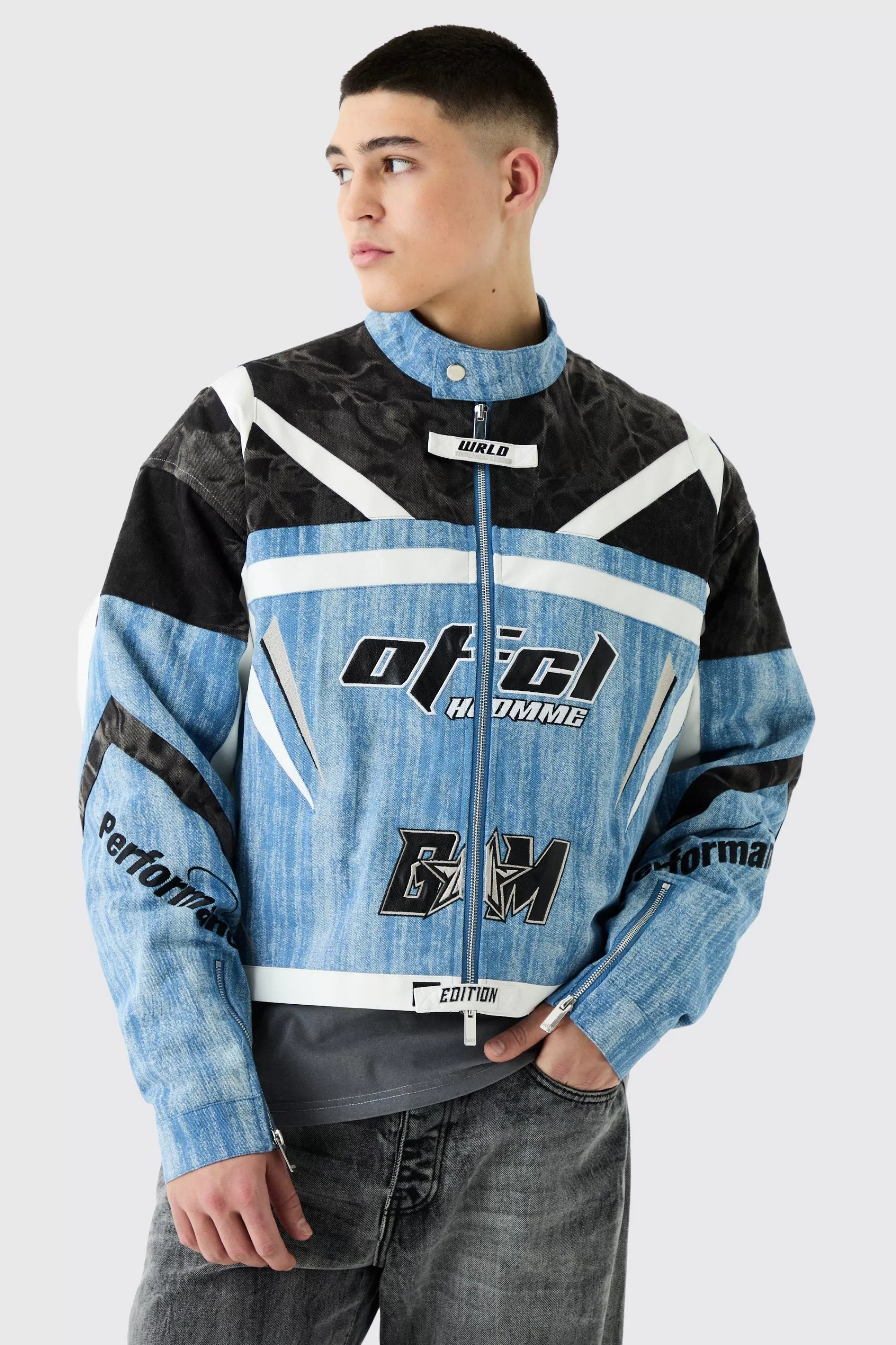 boohooMAN Padded Moto Denim Jacket | UK
