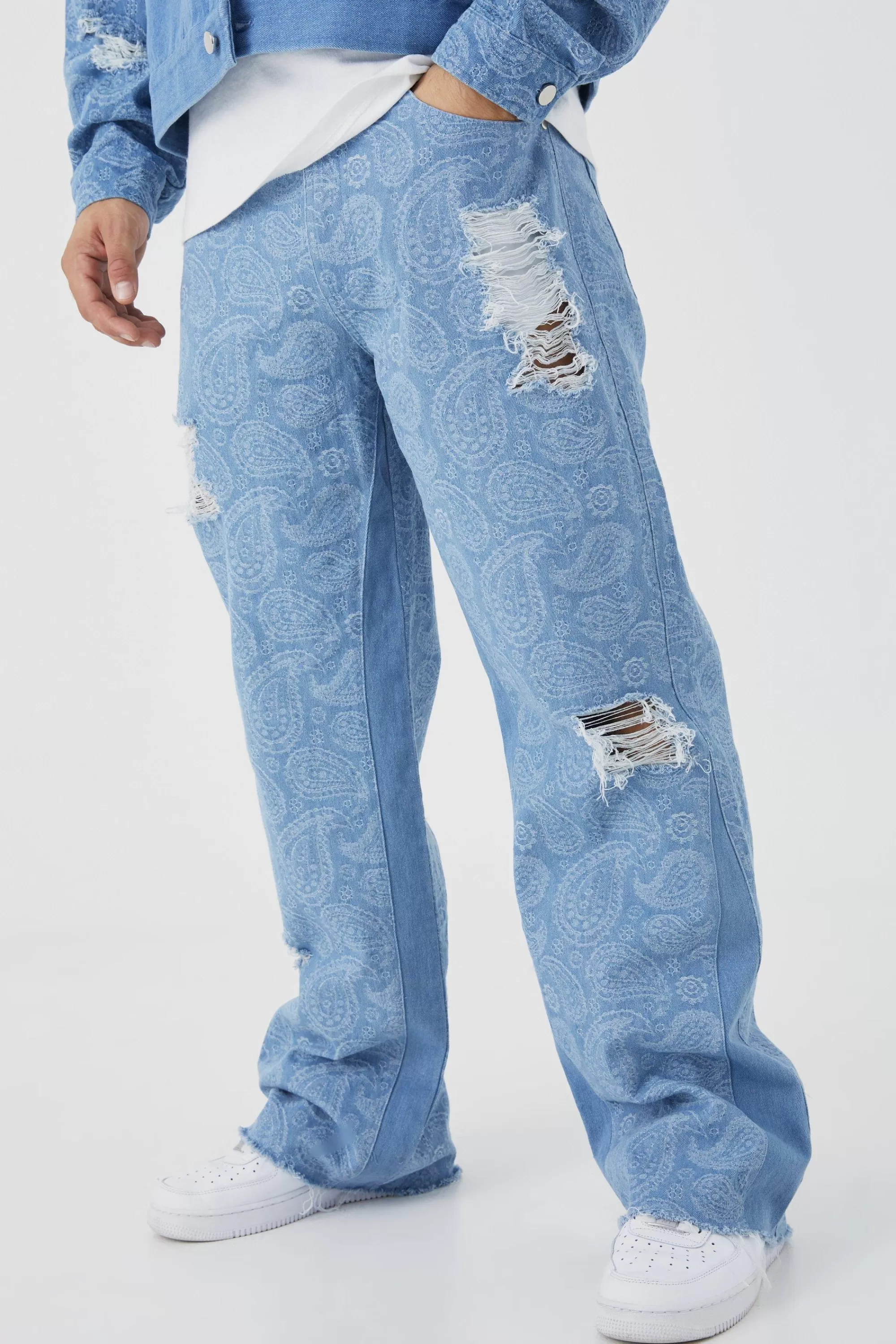 boohooMAN Paisley Denim Jacket And Jeans Set | UK