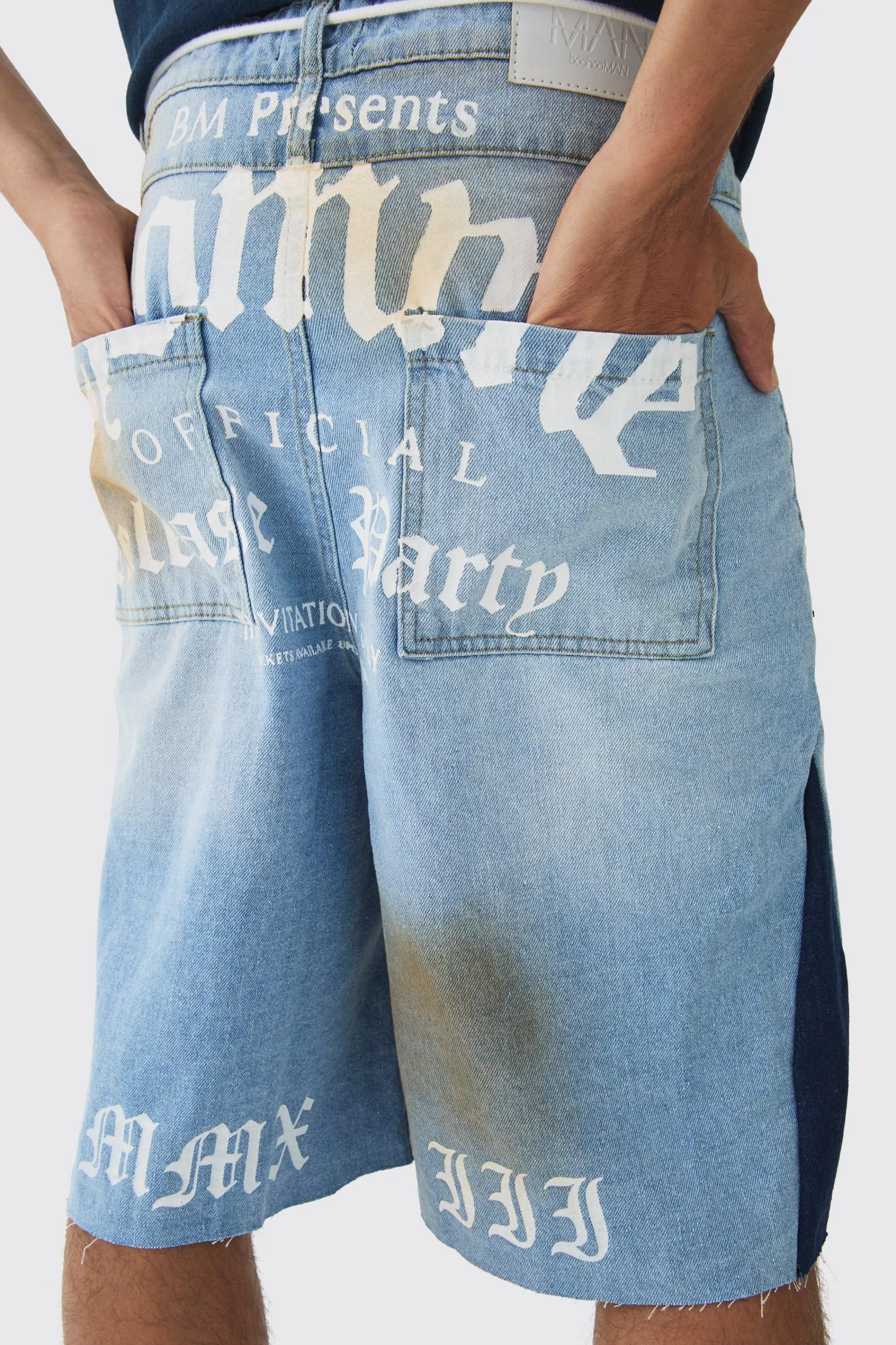 boohooMAN Parachute Homme Double Waistband Ripped Denim Jorts | UK