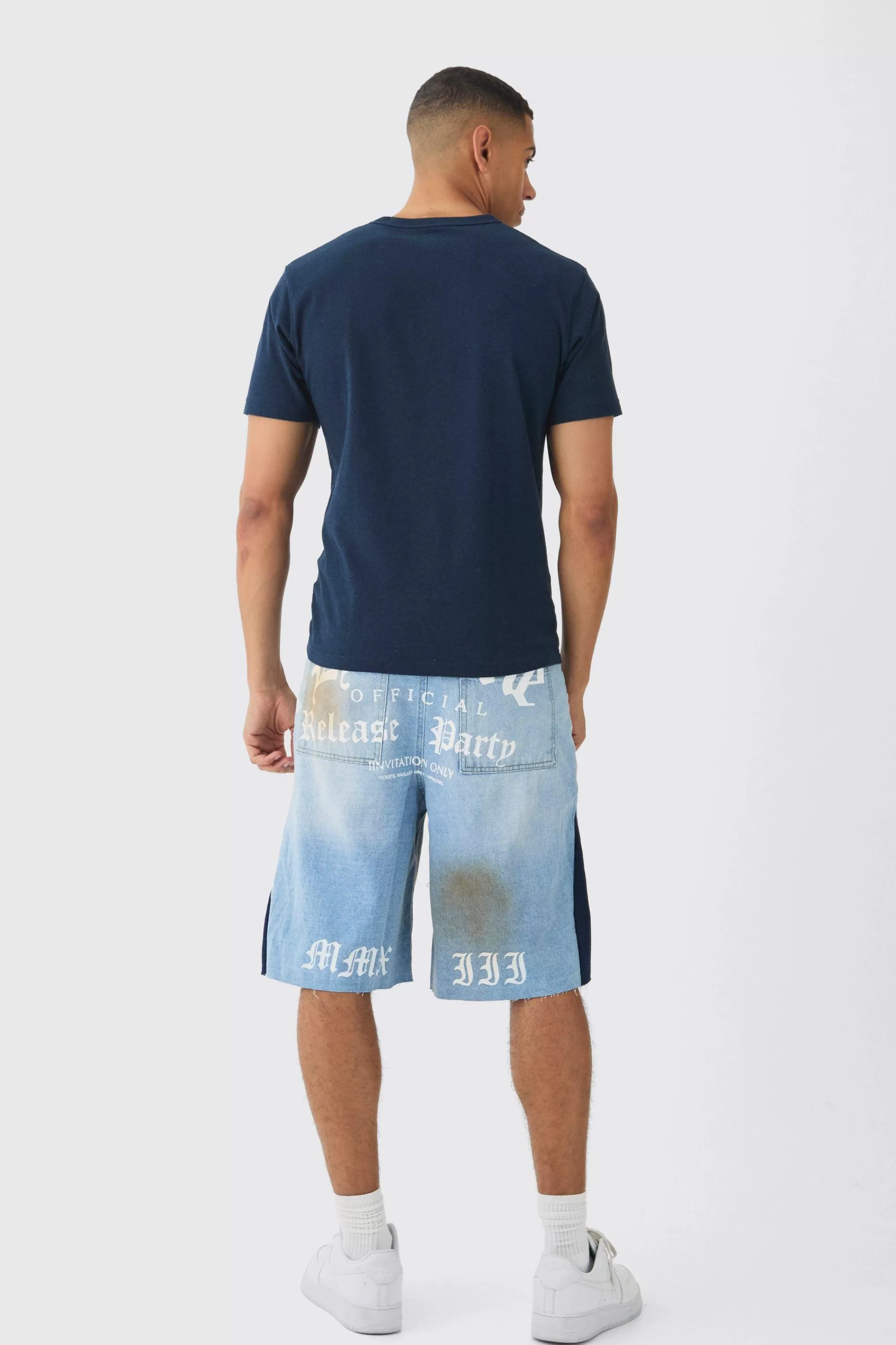 boohooMAN Parachute Homme Double Waistband Ripped Denim Jorts | UK