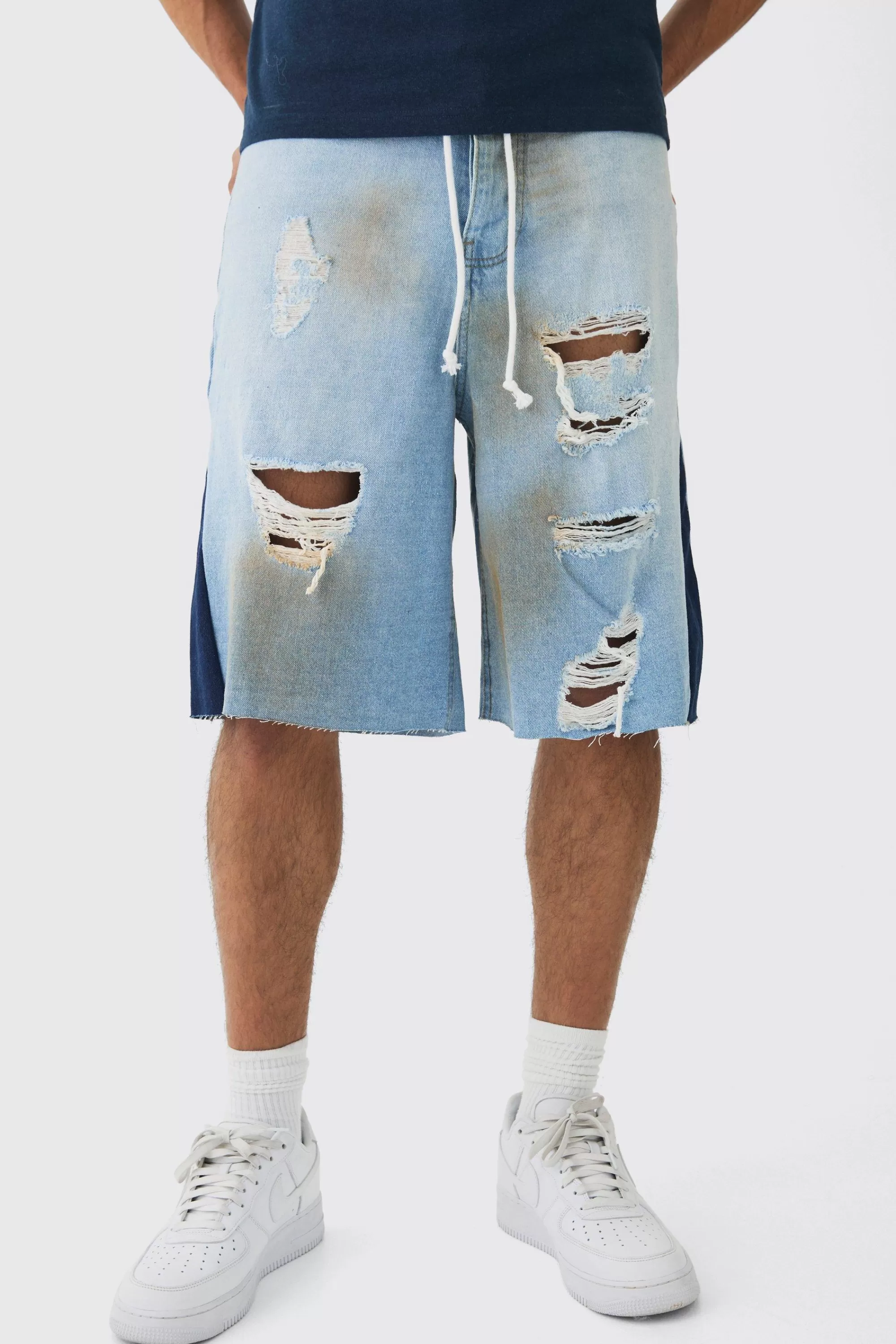 boohooMAN Parachute Homme Double Waistband Ripped Denim Jorts | UK