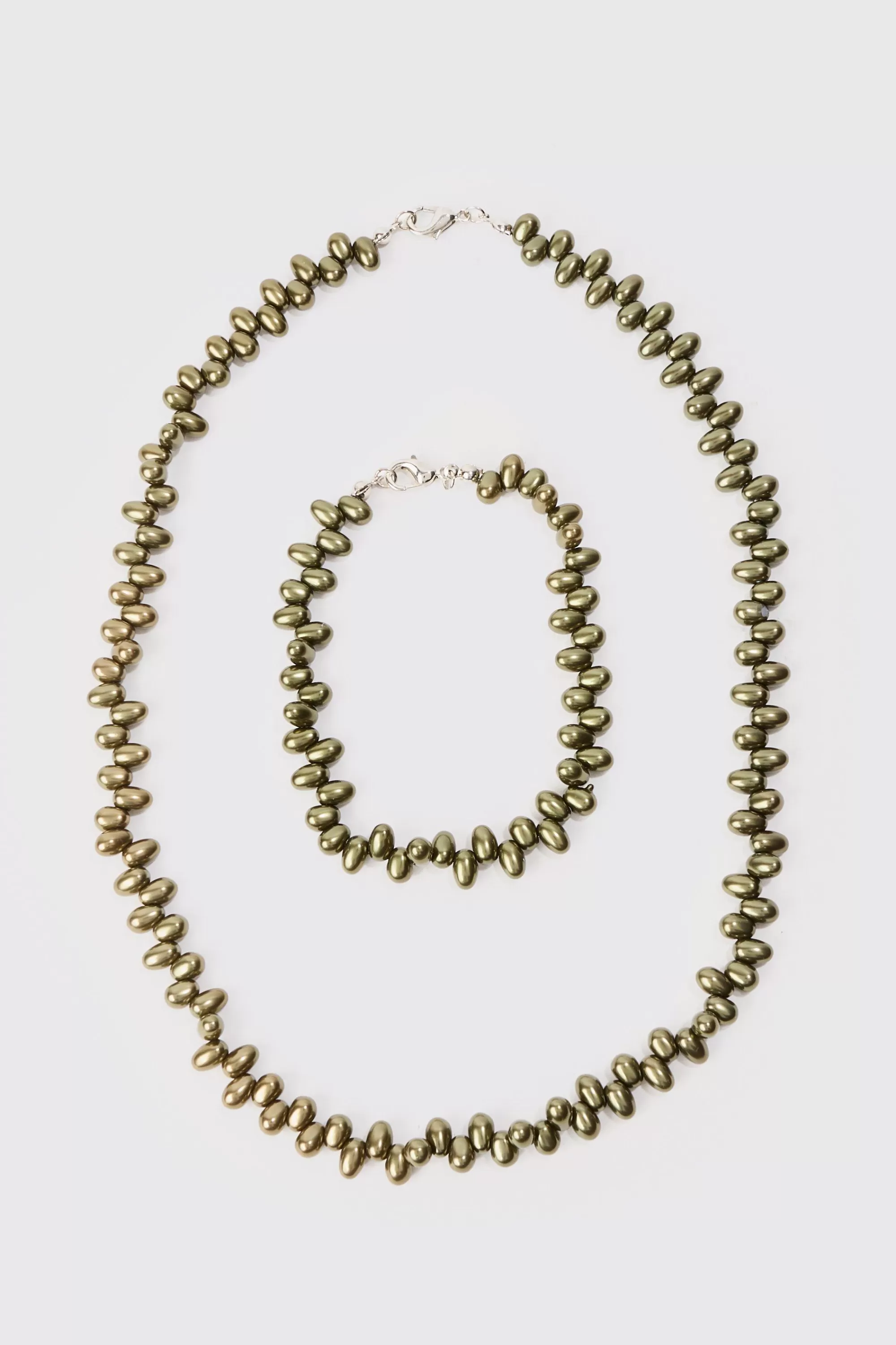 boohooMAN Pearl Bead Necklace & Bracelet Set In | UK