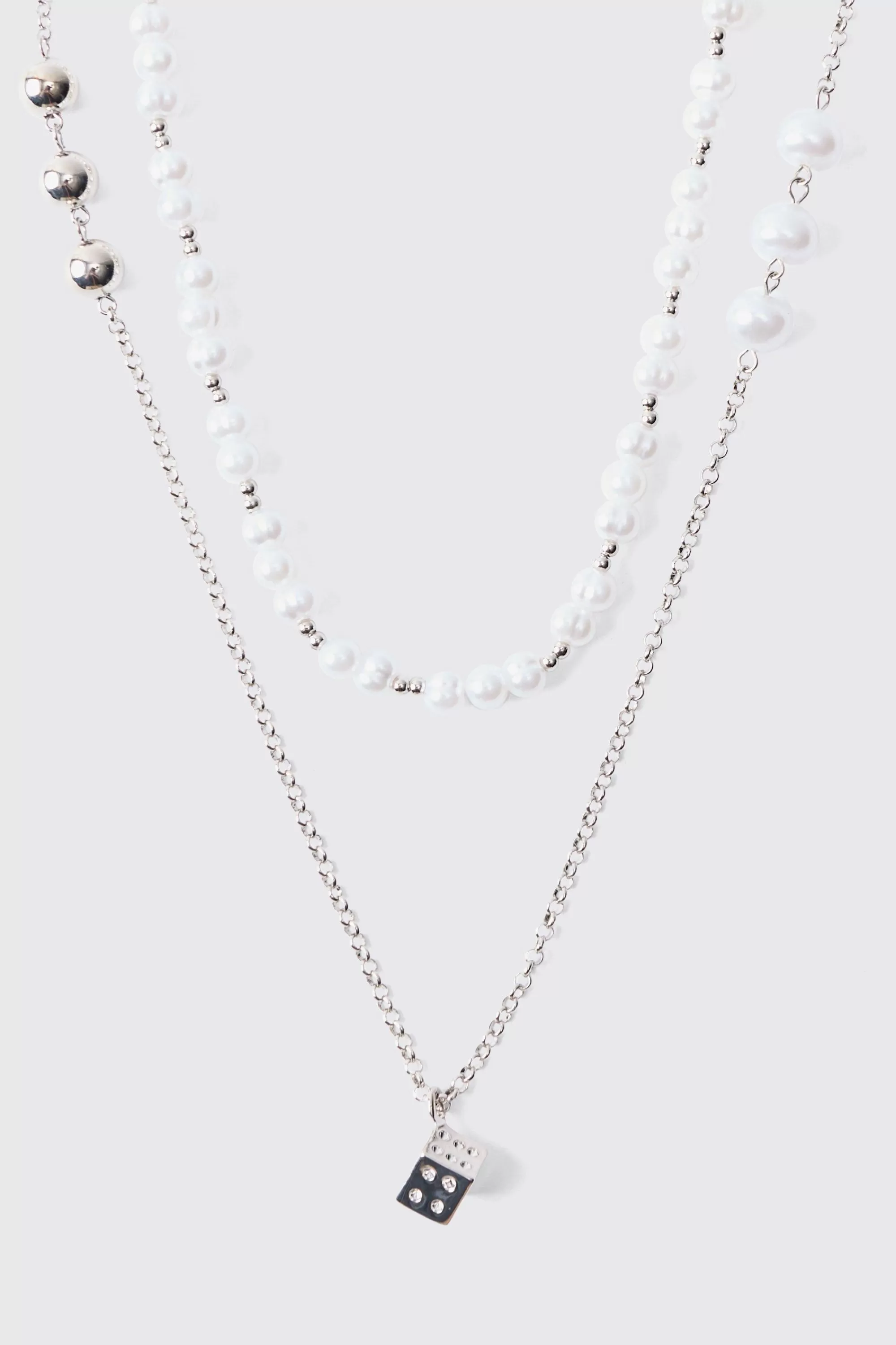 boohooMAN Pearl Chain And Dice Pendant Multi Layer Necklace | UK