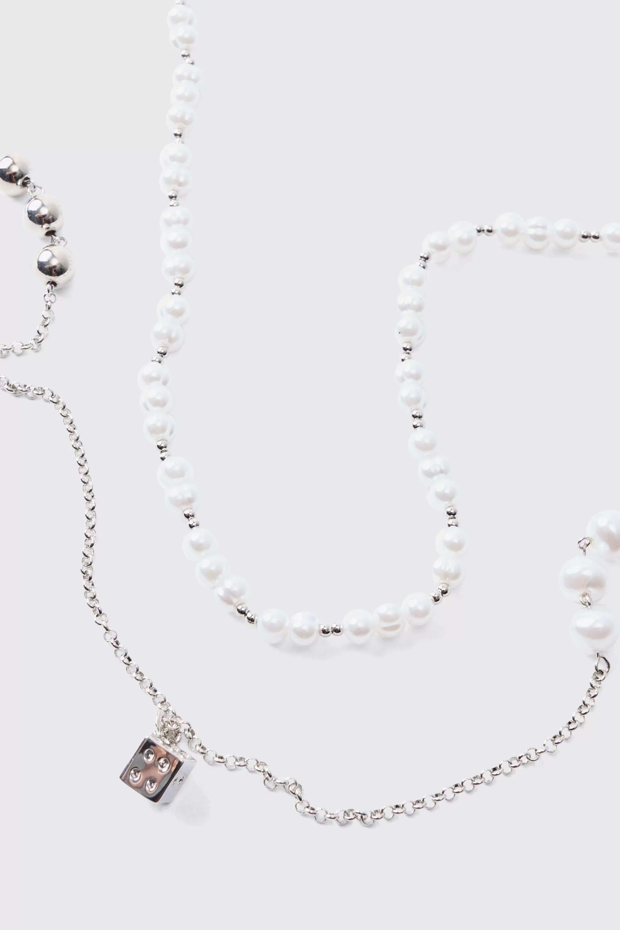 boohooMAN Pearl Chain And Dice Pendant Multi Layer Necklace | UK