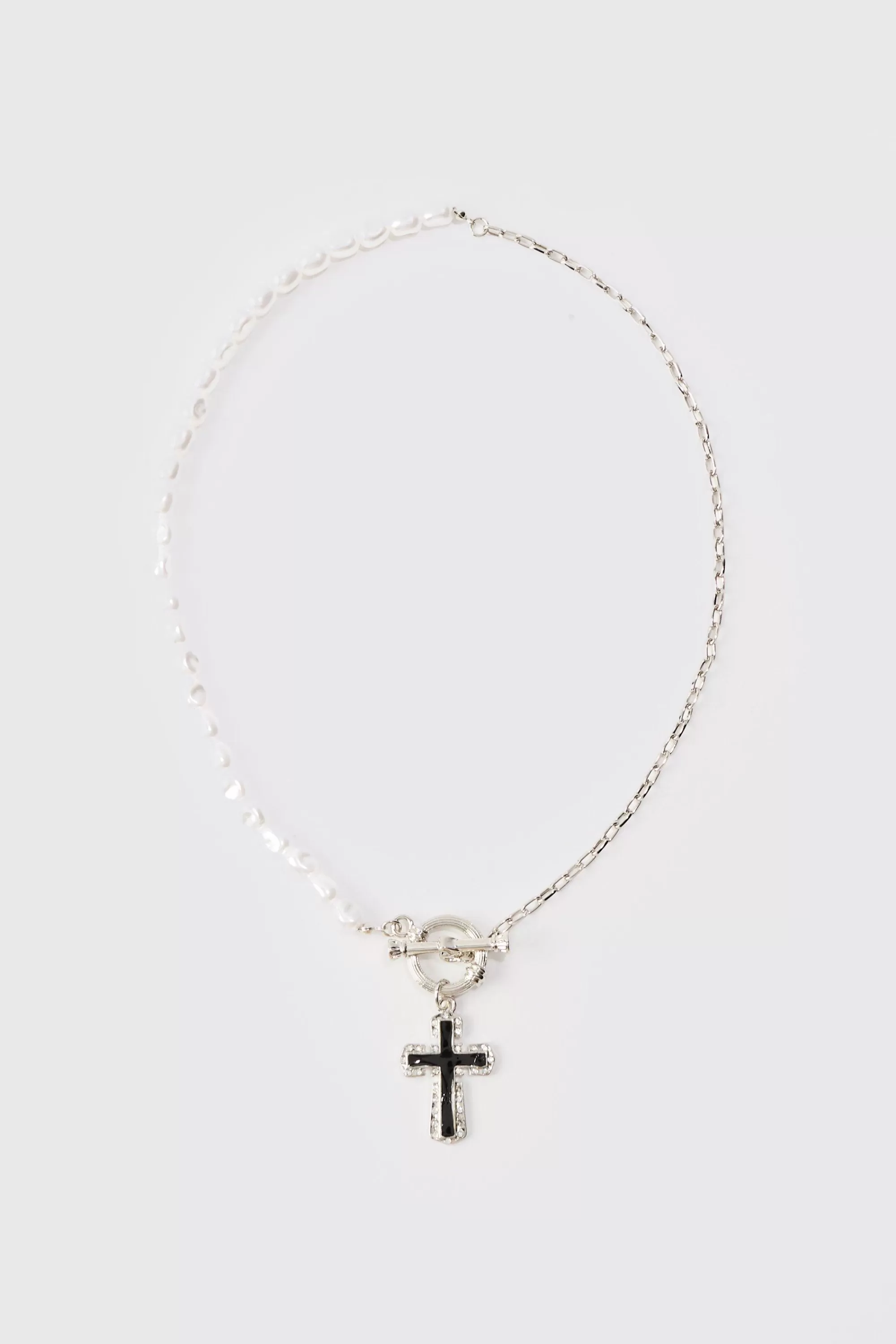 boohooMAN Pearl Cross Pendant Necklace In | UK