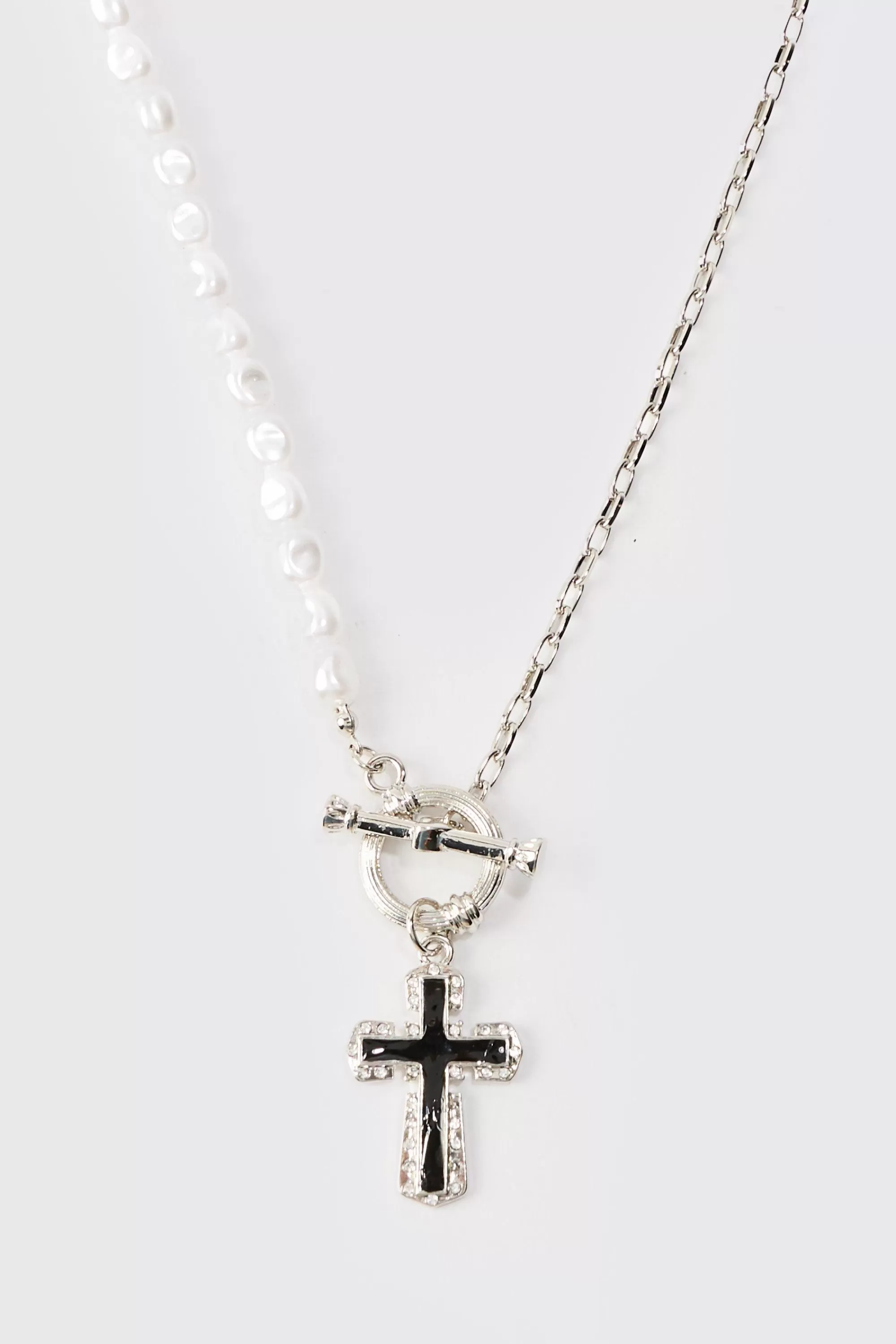 boohooMAN Pearl Cross Pendant Necklace In | UK