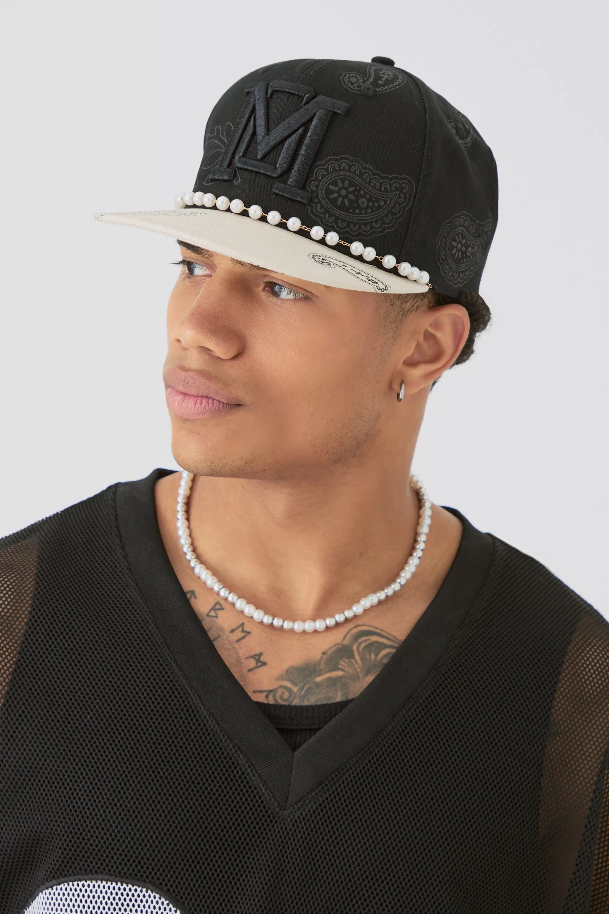 boohooMAN Pearl Embellishment Snapback In | UK