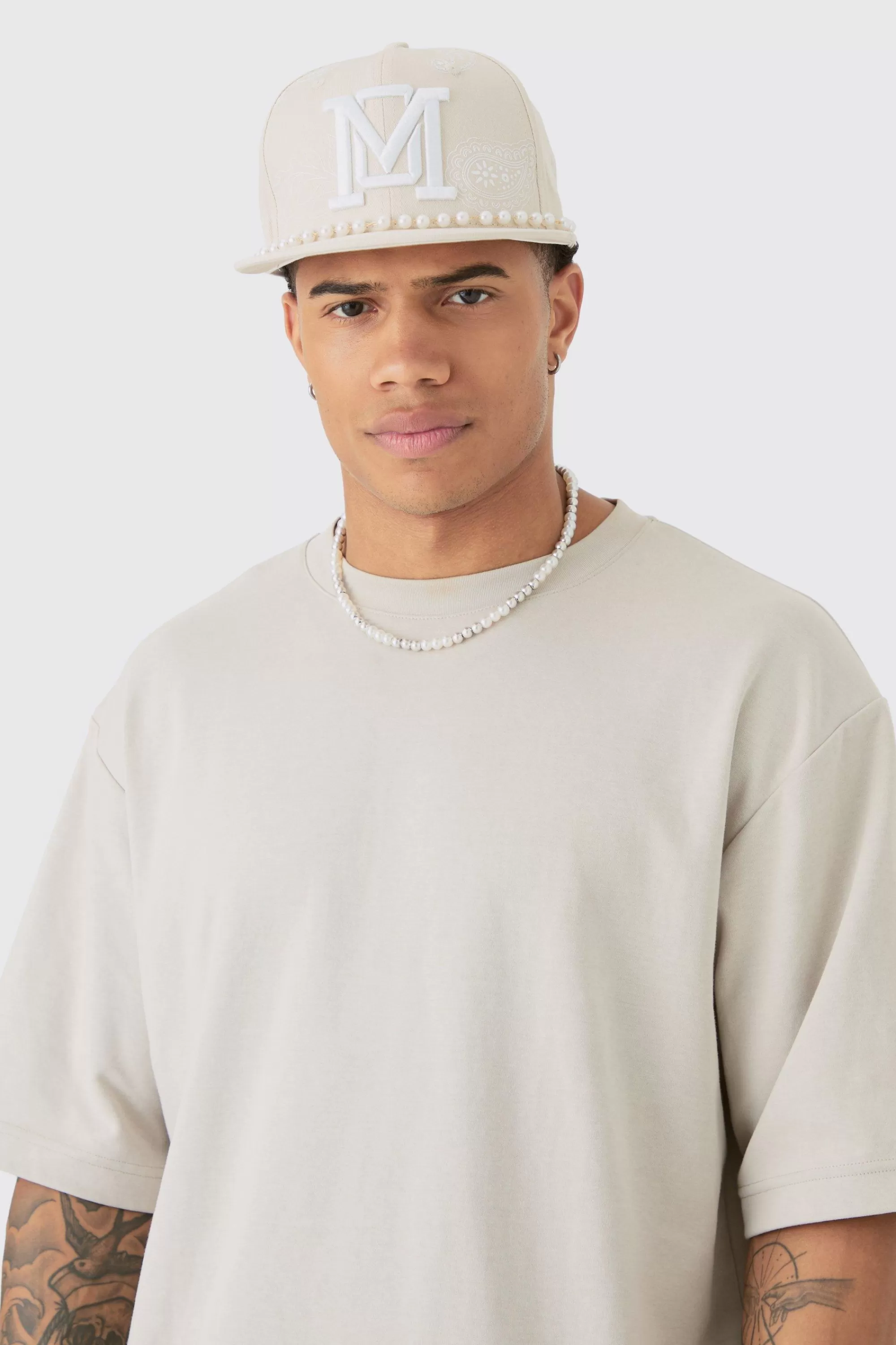 boohooMAN Pearl Embellishment Snapback In | UK