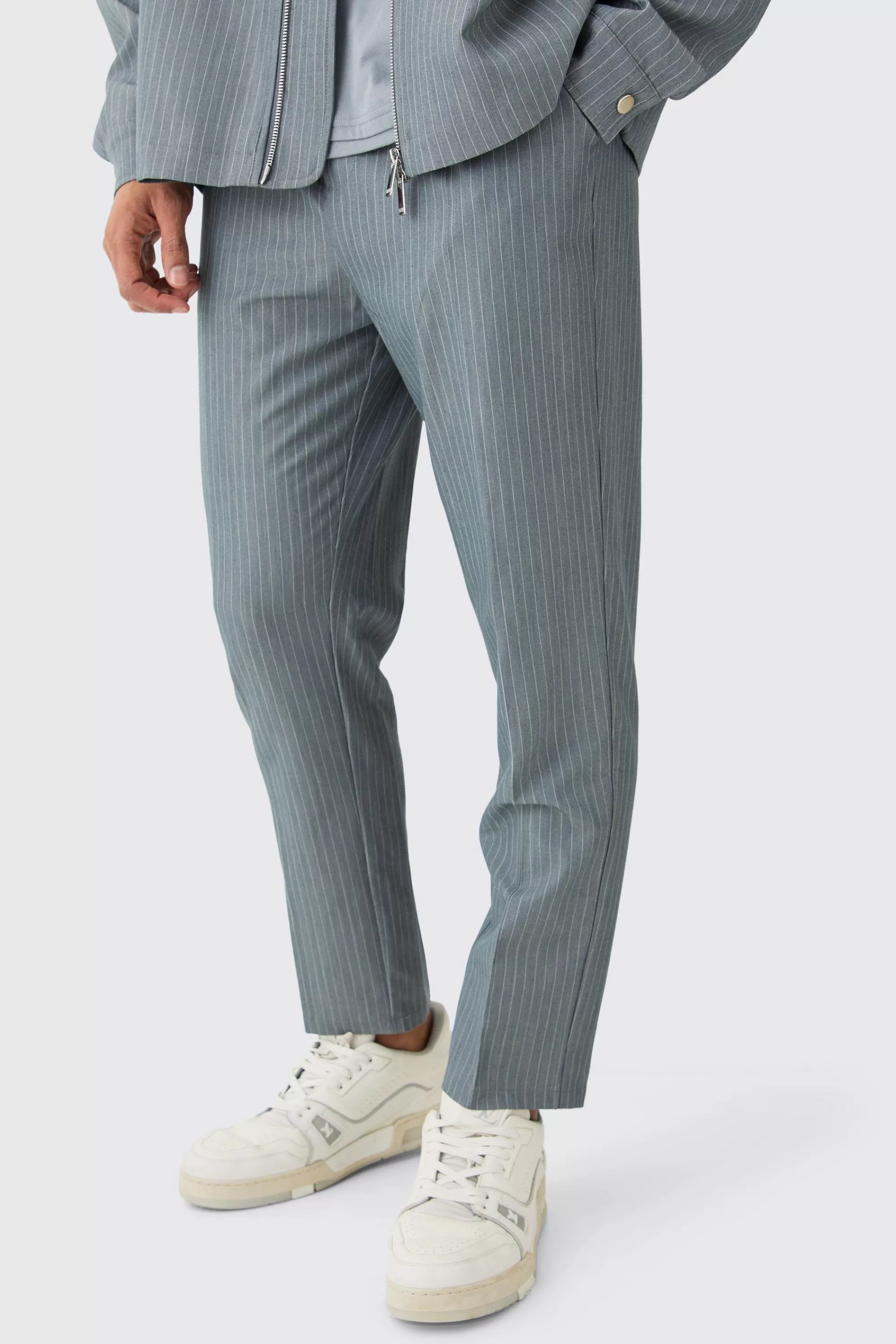 boohooMAN Pinstripe Elasticated Waist Tapered Trousers | UK