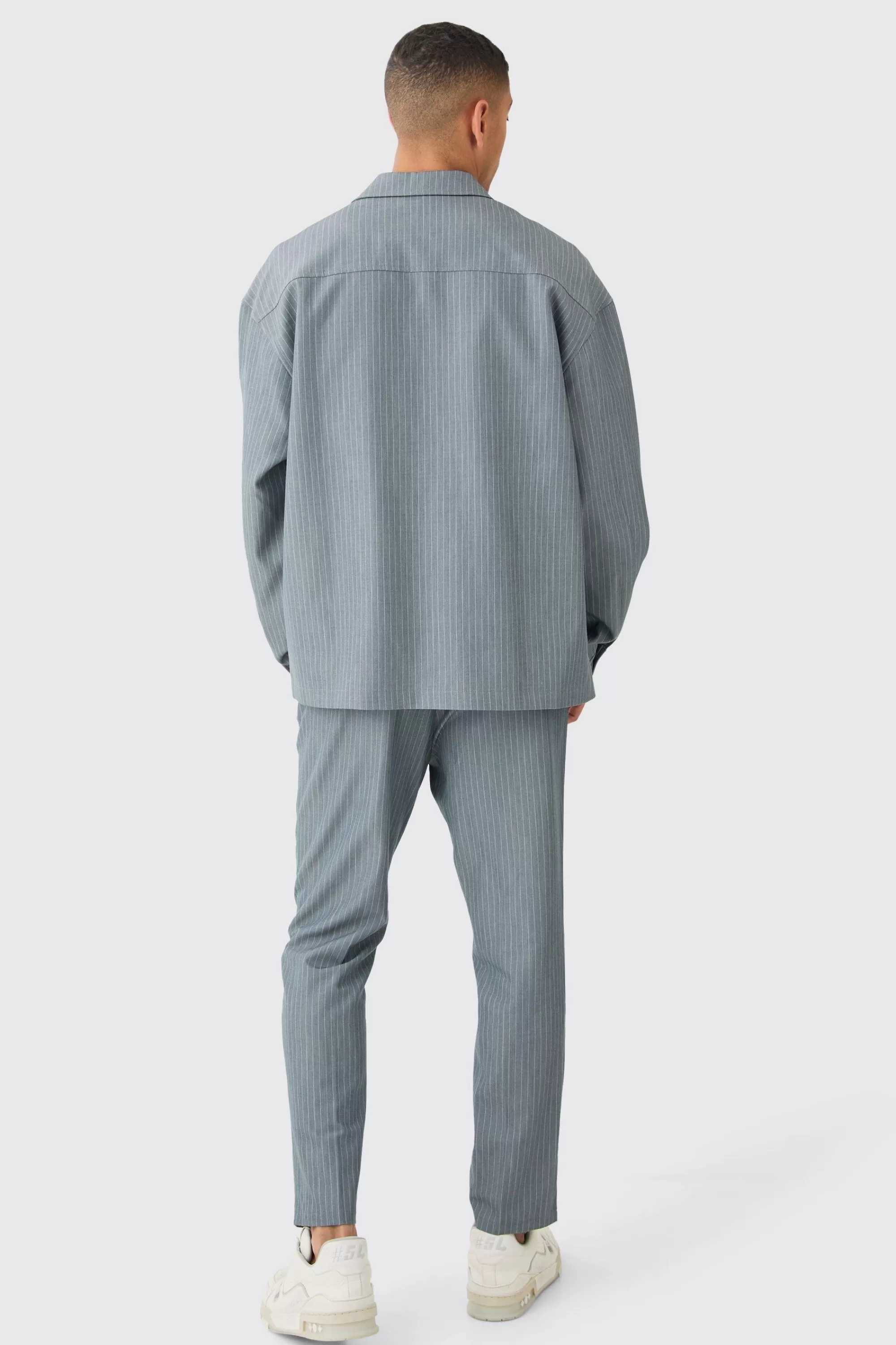 boohooMAN Pinstripe Elasticated Waist Tapered Trousers | UK