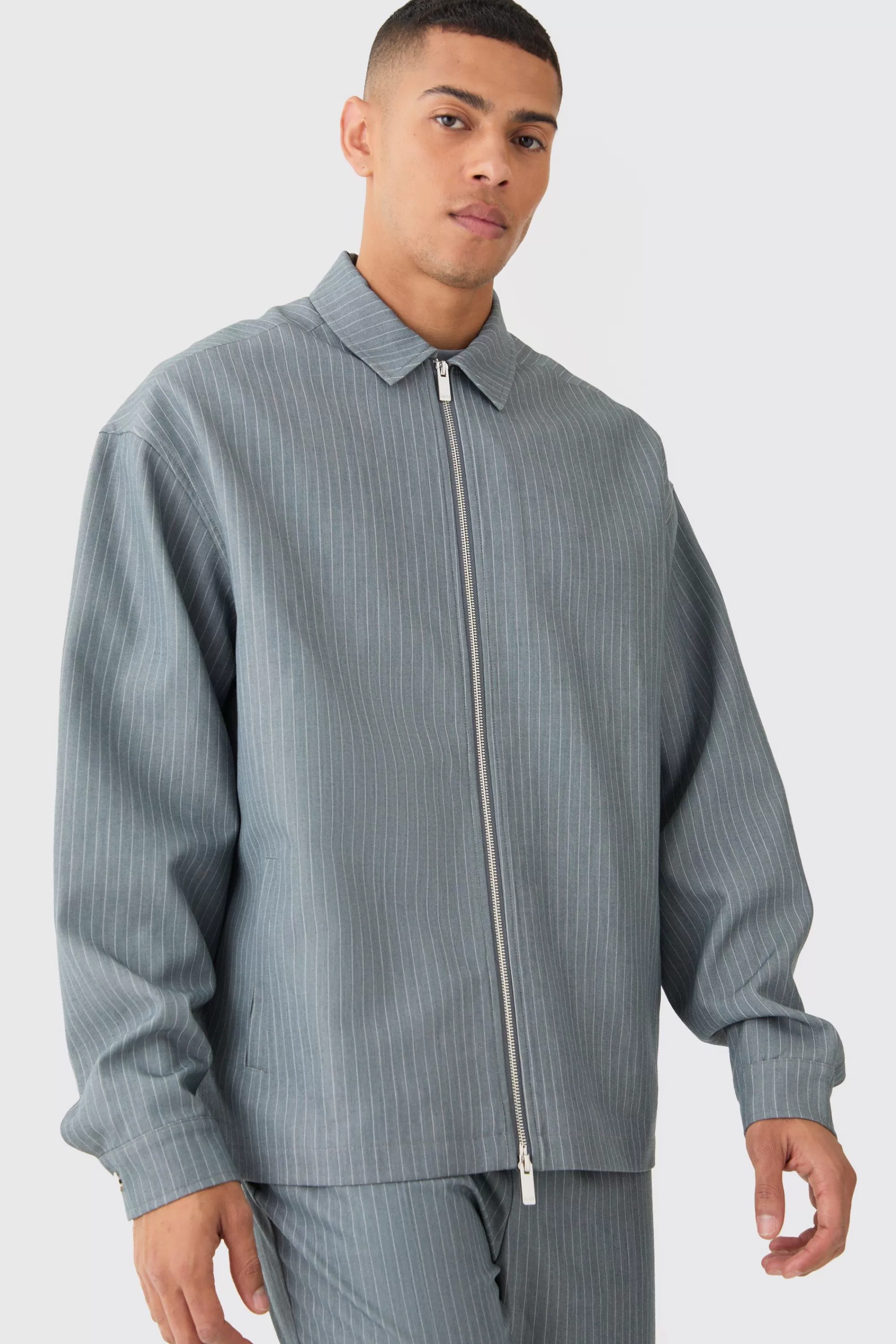 boohooMAN Pinstripe Relaxed Fit Longline Smart Harrington Jacket | UK