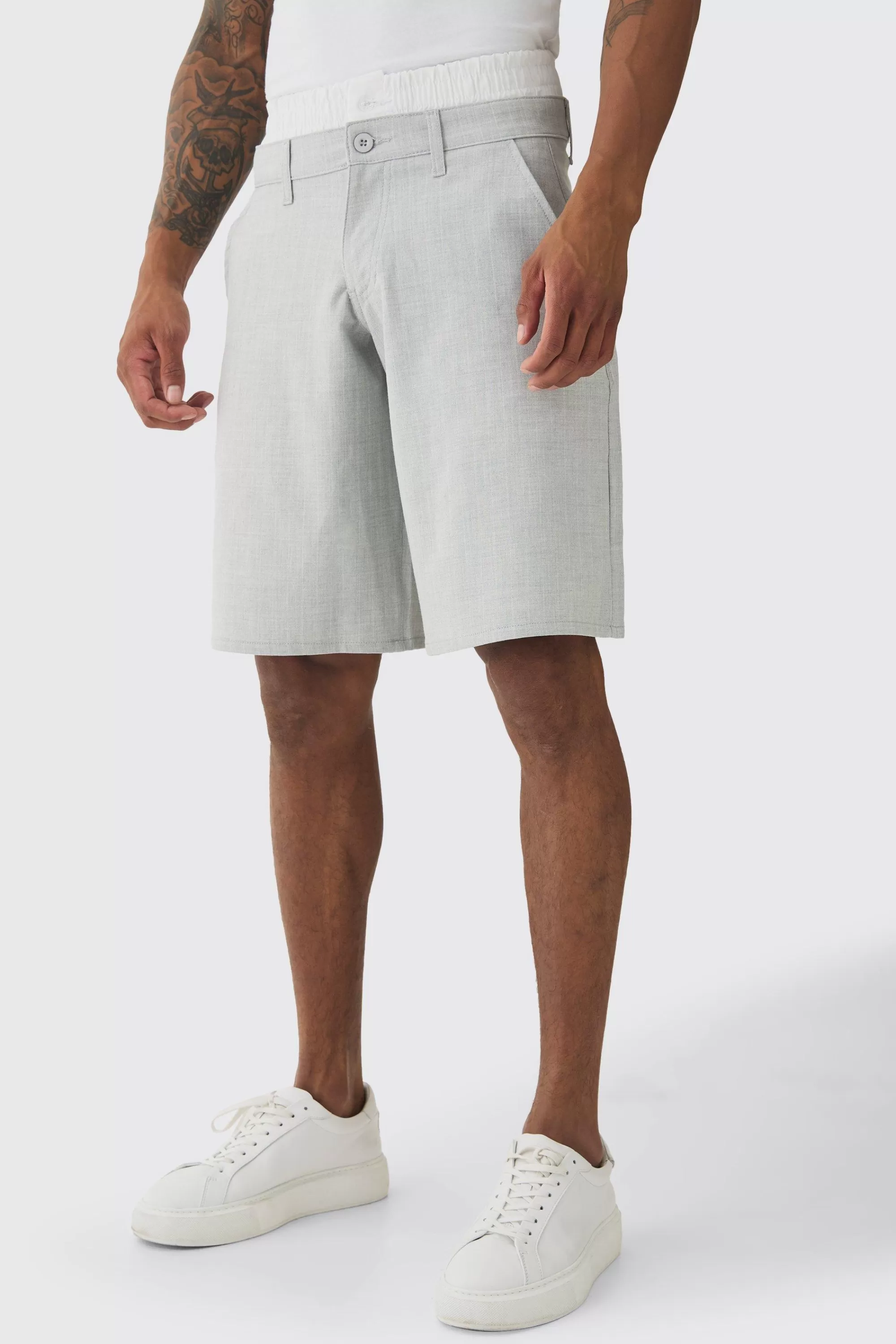 boohooMAN Pinstripe Woven Jort With Boxer Double Waistband | UK